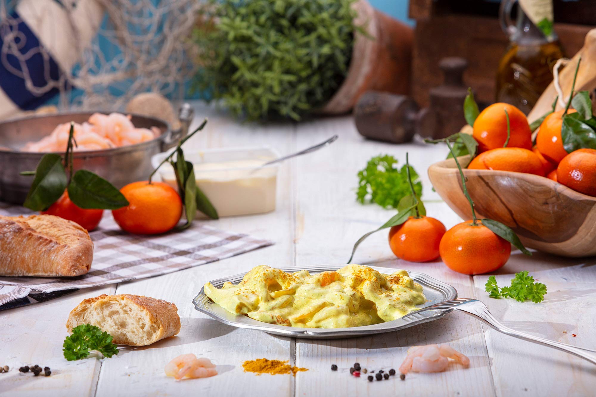 GreetFish Curry-Garnelensalat - in Handarbeit hergestellt -mit original indischem Curry und leckeren Mandarinen - 500 Gramm
