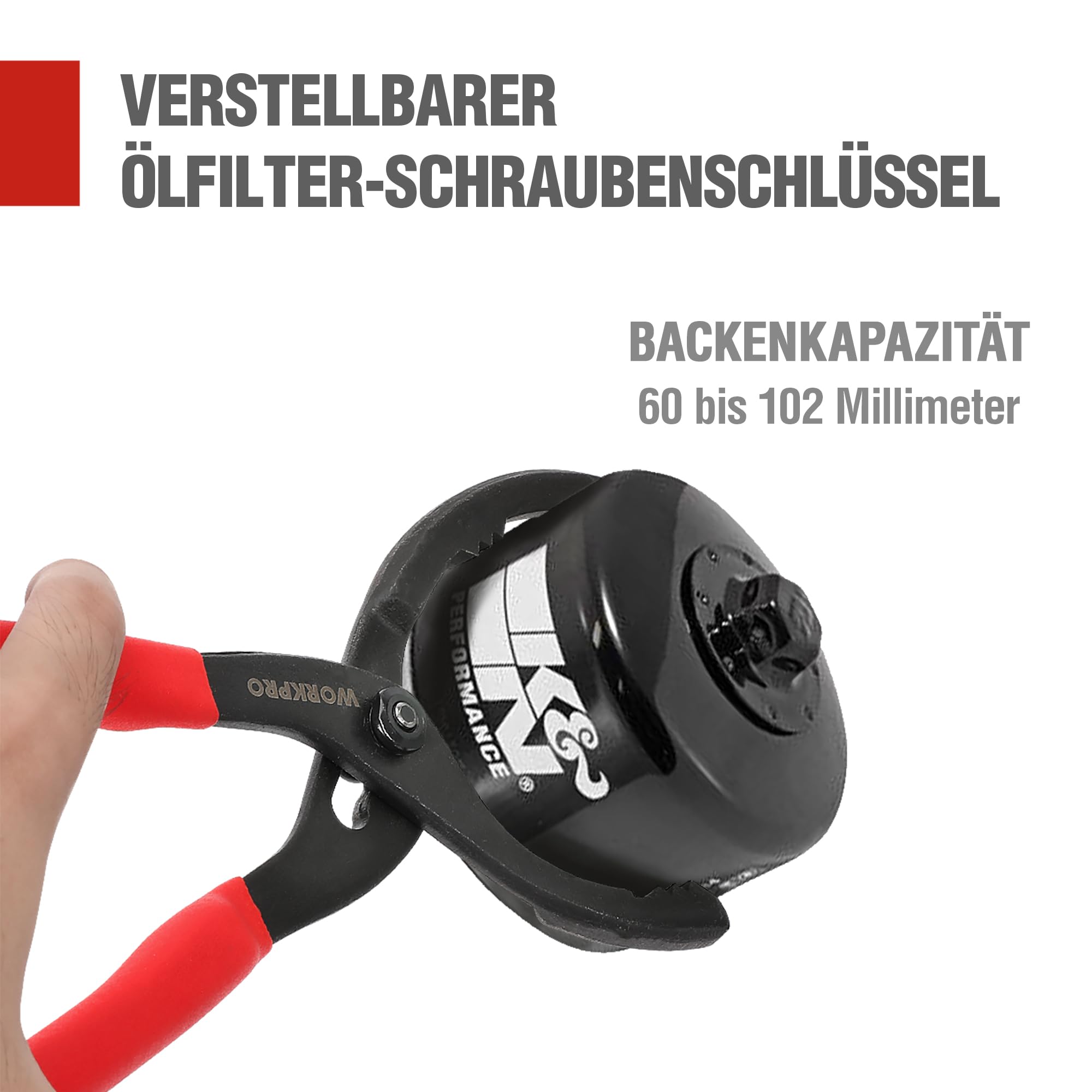 WORKPRO Ölfilterzange 30cm, Verstellbarer Ölfilterschlüssel für Metall-Ölfilter, Rutschfester Griff, Ölfilter-Entfernungswerkzeug für Autos, LKWs, Motorräder (Ø 60mm - 102mm)