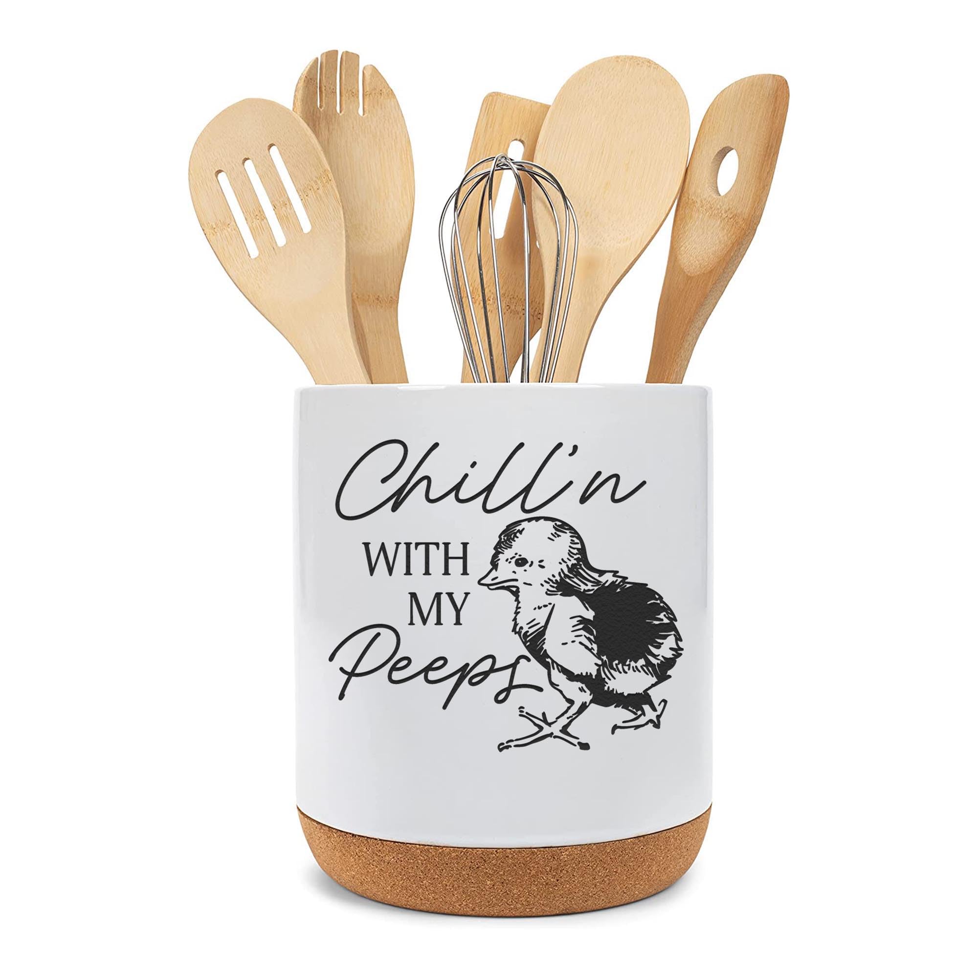 Elanze DesignsChill'n with My Peeps Chick Easter Spring Farm X-Large Cork Bottom Ceramic Stoneware Utensil Holder, Spatula Caddy, Crock Container, Kitchen Storage Organizer Home Décor, Crisp White