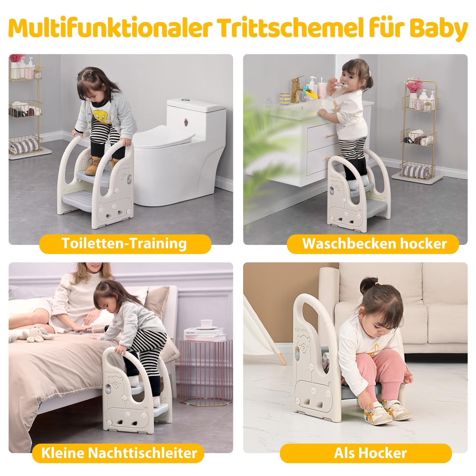 Onasti Sgabello a due gradini per bambini, Scaletta gradini, Sedile per Addestramento per WC, Multifunzione, Regolabile in Altezza, Con braccioli, Antiscivolo - Da 1.5 a 5 Anni circa