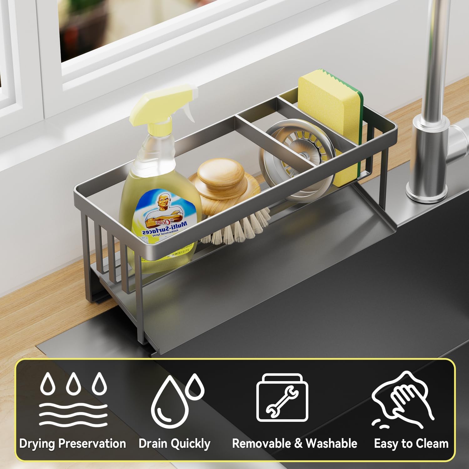 Kitchen Sink Caddy Organzier with Sponge Holder and Removable Drip Tray for Kitchen Sink, 304 Stainless Steel Organize for Sponge Soap Dish Brush Storage Accessories(Grey)