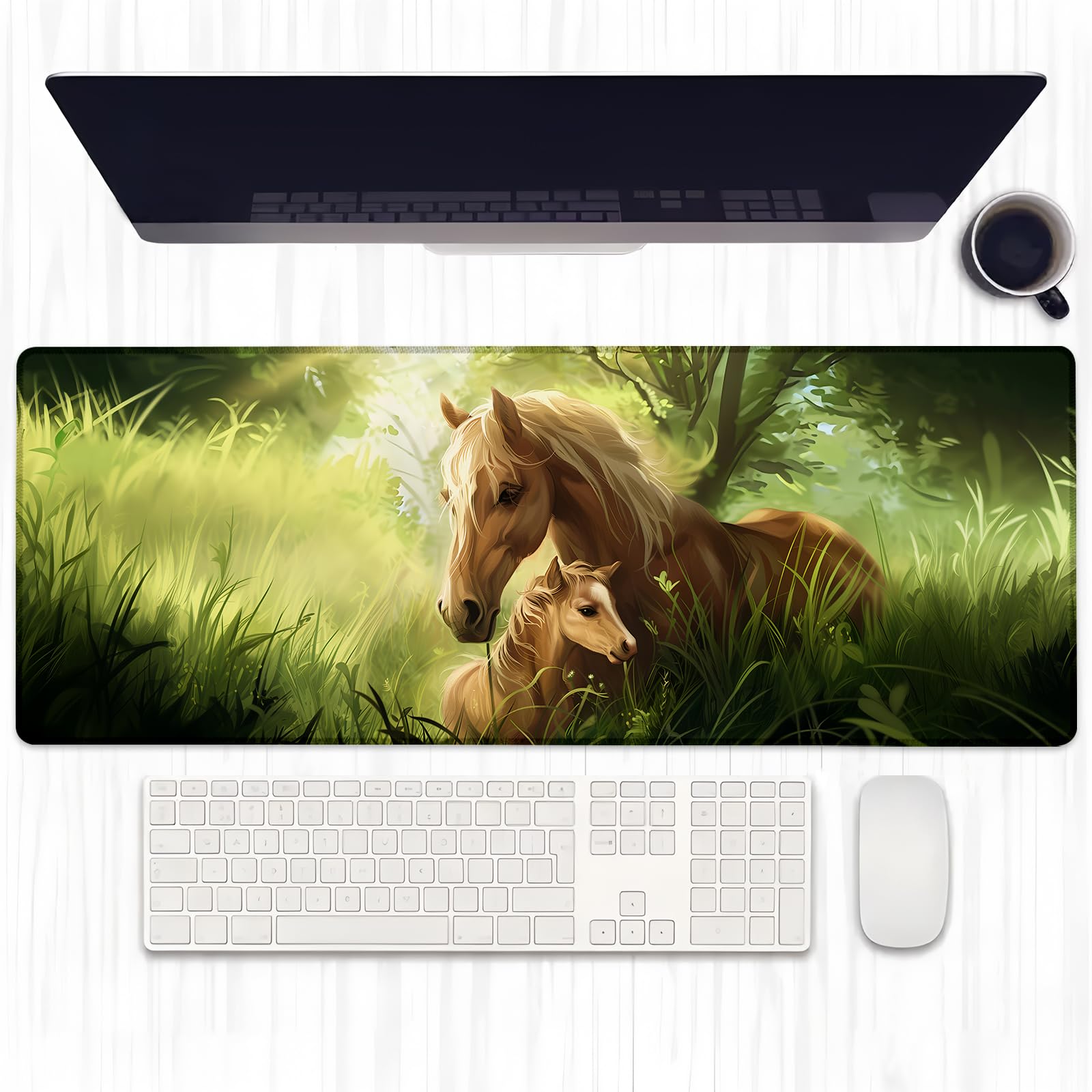 Ti Caldi Cute Horse and Foal Gaming Mouse Pad, Extended Pastoral Design Desk Mat Computer Laptop Mousepad, Robust Stitched Edges, 31.5"×11.8" Large Office Keyboard Mouse Pads for Home Desktop Decor