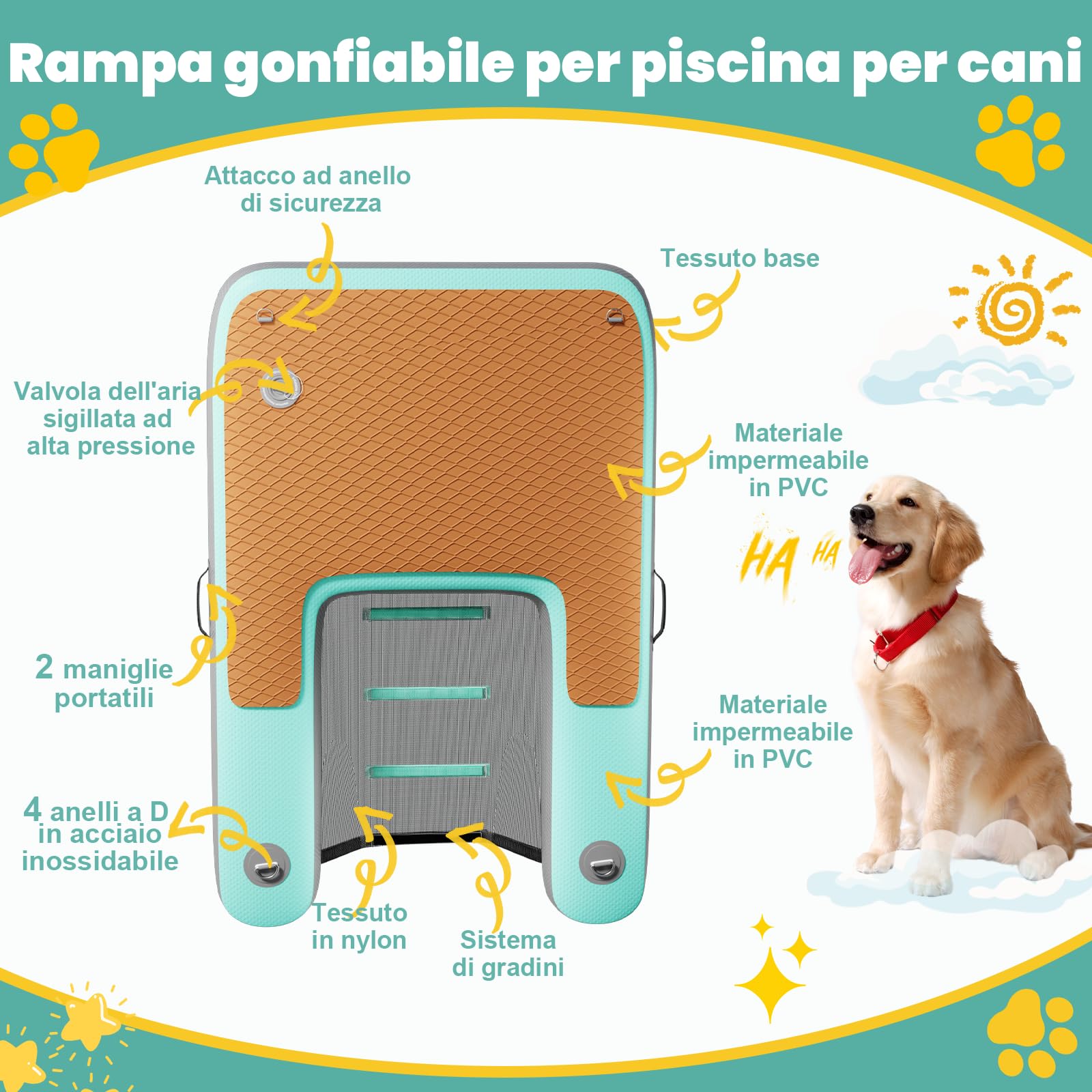 Rampa Gonfiabile per Cani 120 x 100 cm, Resistente agli Strappi e Durevole, Adatta a Cani Fino a 100kg, Ideale per l'Estate, la Piscina, le Barche, i Pontili e i Laghi