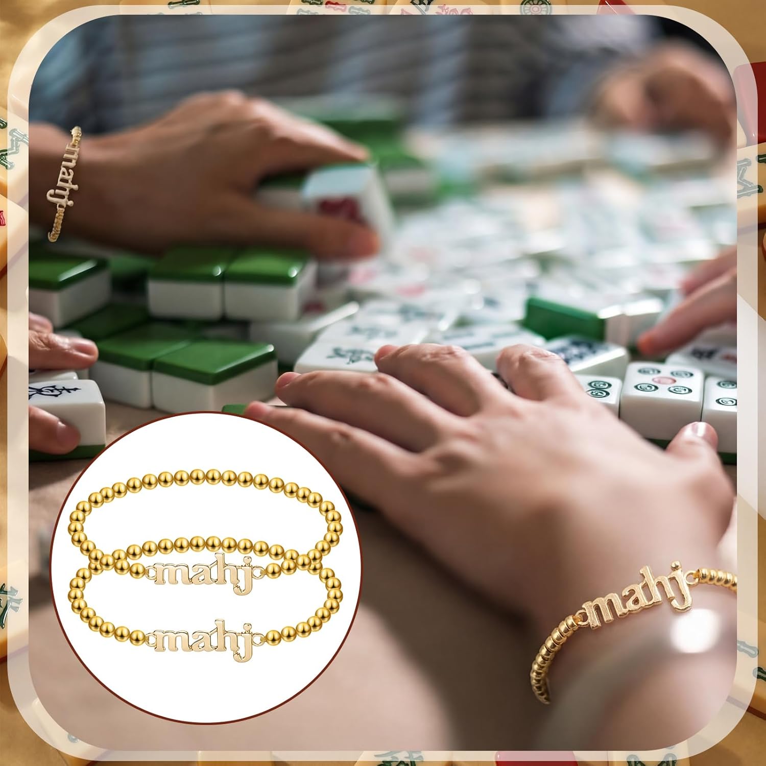 Kenning 10 Piece Gold Beaded Mahjong Bracelets Bulk Stretch Mahj Letter Charm Bracelet Set for Women Mahjong Lovers Mah Jong Game Night Party Favors Friendship Jewelry Gifts