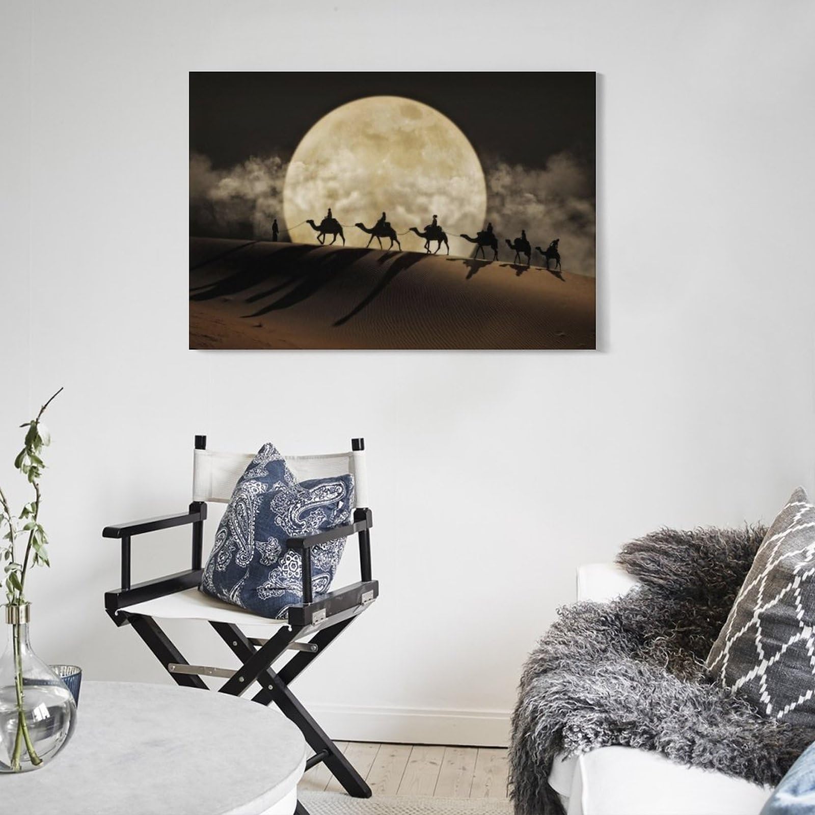 Amazon.co.jp: 砂漠のラクダの風景キャンバス絵画月の夜のシーン