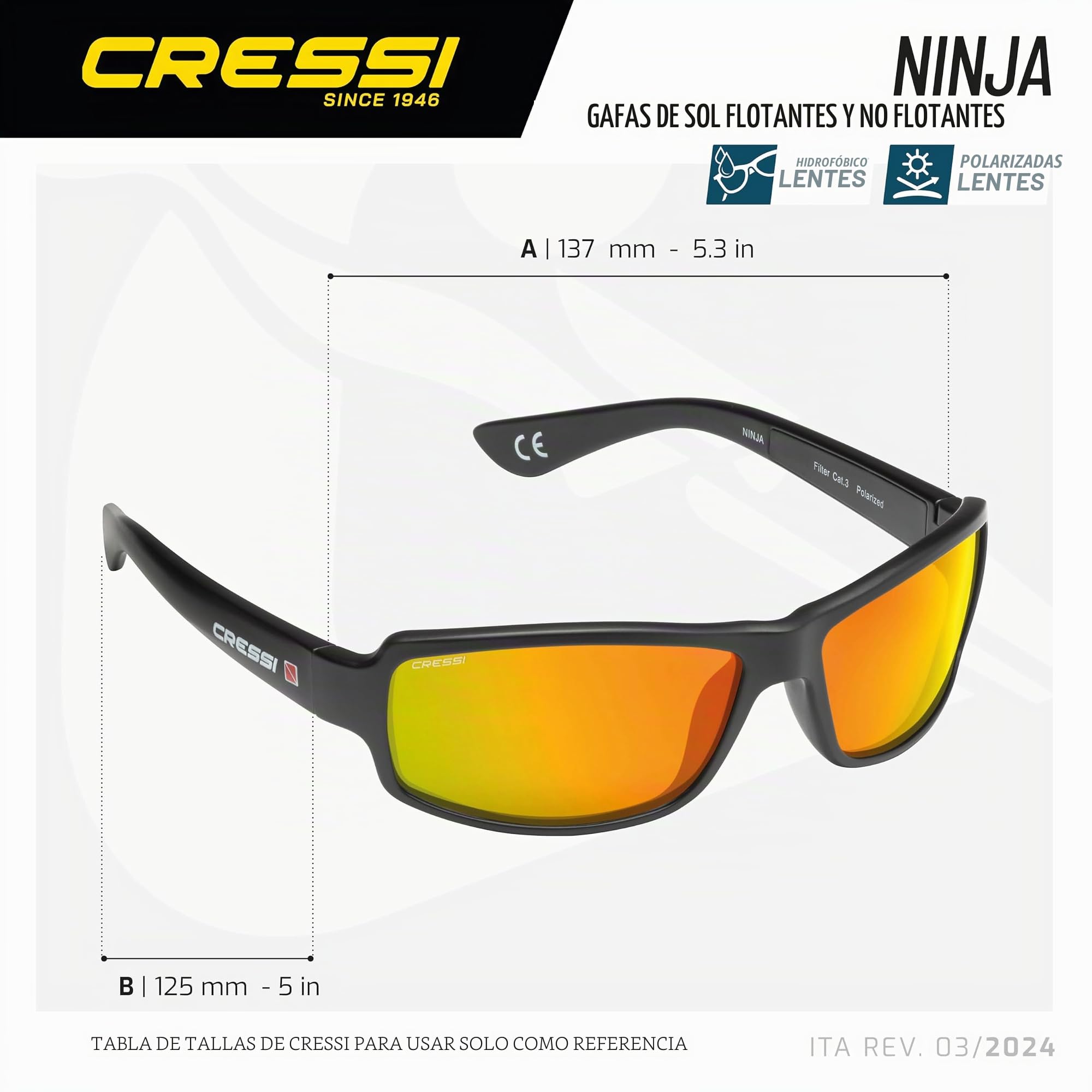 CRESSI Ninja Sunglasses-Gafas de sol Polarizadas Unisex, Lentes Antirreflejos, Protección Hidrófuga y Rayos UV, ideales para el Mar, la Pesca y la Náutica