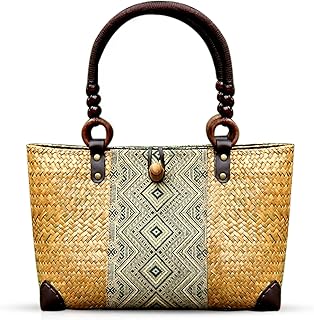 QTKJ Straw Bag for Women, Summer Beach Handmade Rattan Tote Bag, Boho Retro Straw Woven Handbag, Large Beach Vacation Bag (Natural)
