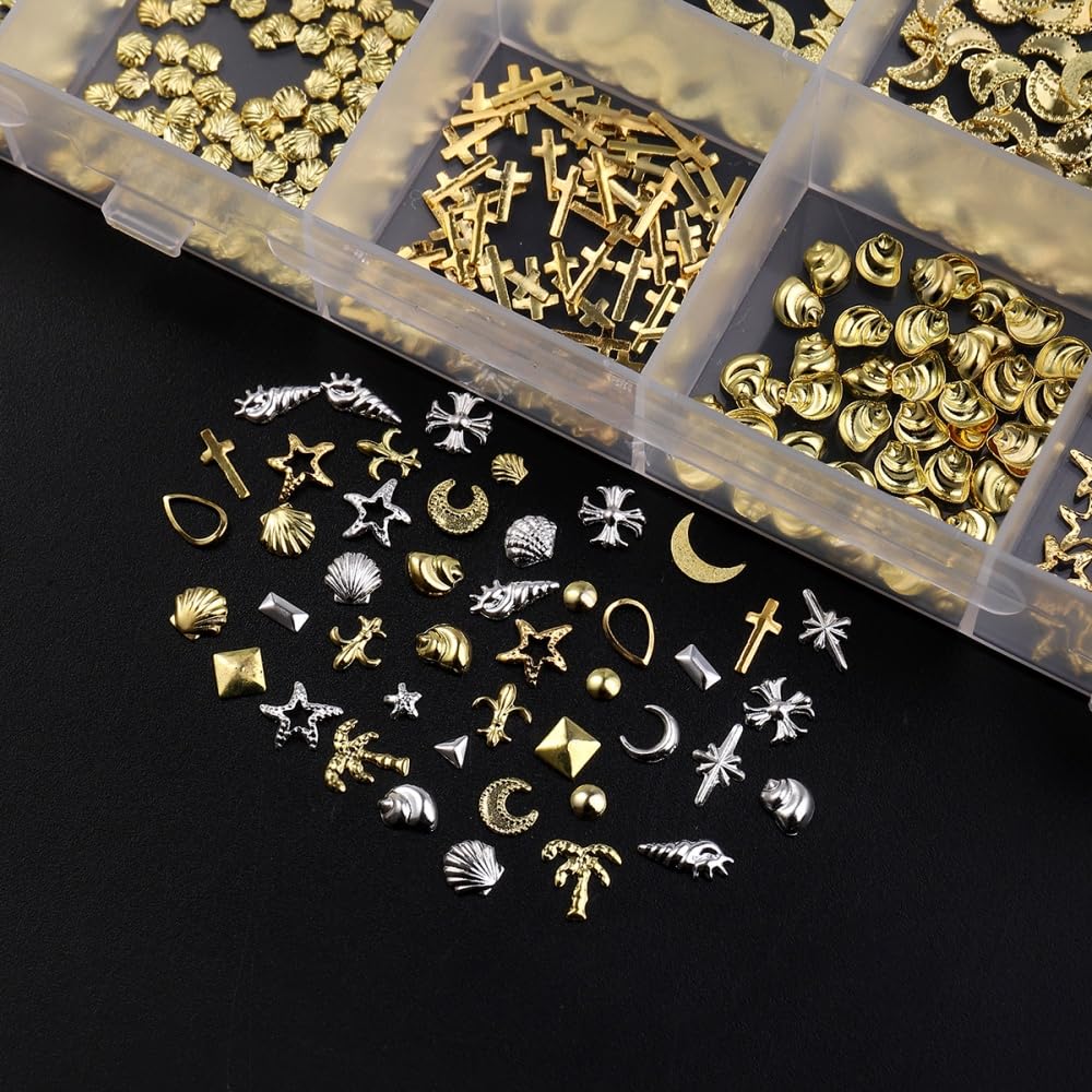 1 scatola oro argento ciondoli per unghie 3D in lega fiore gemme per unghie in metallo luna stella gioielli per unghie multi-forme oceano spiaggia stella marina conchiglia forniture per nail art con