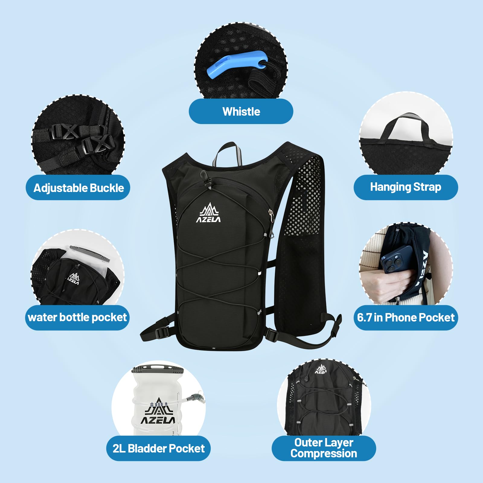 Gilet d'hydratation de course à pied, gilet de course avec poche d'eau de 2 L, sac d'hydratation léger pour randonnée, sentier, course à pied, cyclisme, course, marathon pour homme et femme