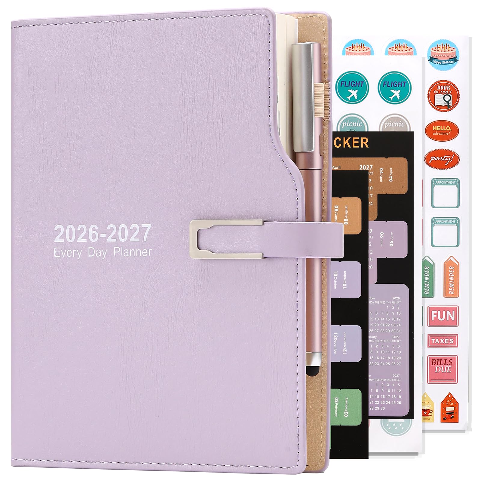Academic Diary 2026-2027,from Jul 2026-Jun 2027 A5 Day to Page,Schedule Organizer with Calendar Stickers, Agenda Diary Planner with Pen Holder and Pen,Premium Thicker Paper 14 X 21.5 cm (Purple) — image 1
