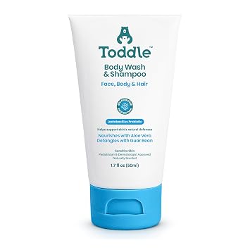 Toddle 3-in-1 Probiotic Baby Shampoo and Body Wash, Plant-Based Kids and Toddler Body Wash for Sensitive Skin with Aloe and Lactic Acid, Fragrance-Free, Pediatrician Tested 1.7oz