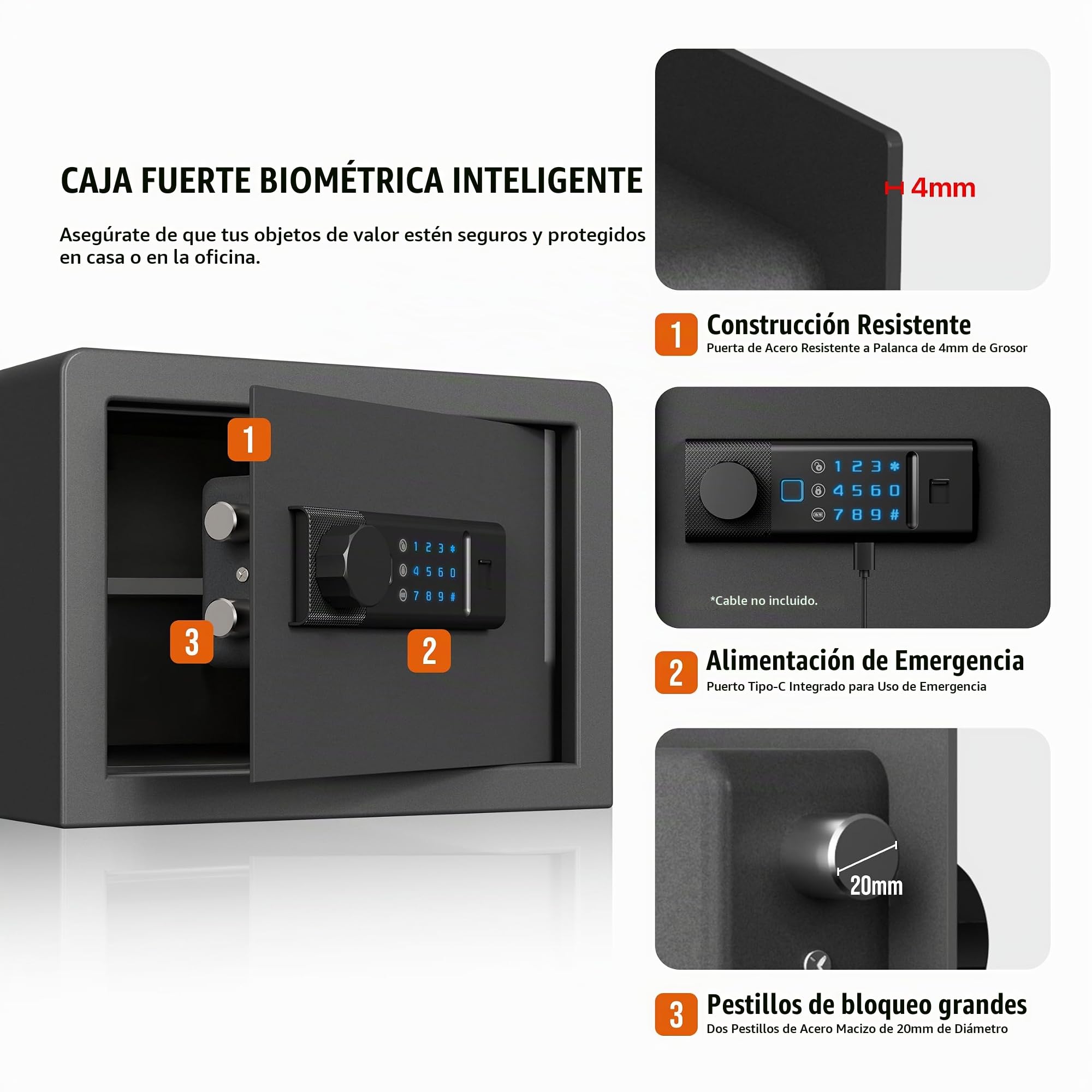 RPNB Caja fuerte biométrica retroiluminada Touchpad pequeña caja fuerte para el hogar con puerto USB-C de emergencia luz indicadora caja fuerte de acero de aleación para dinero y joyas 14L