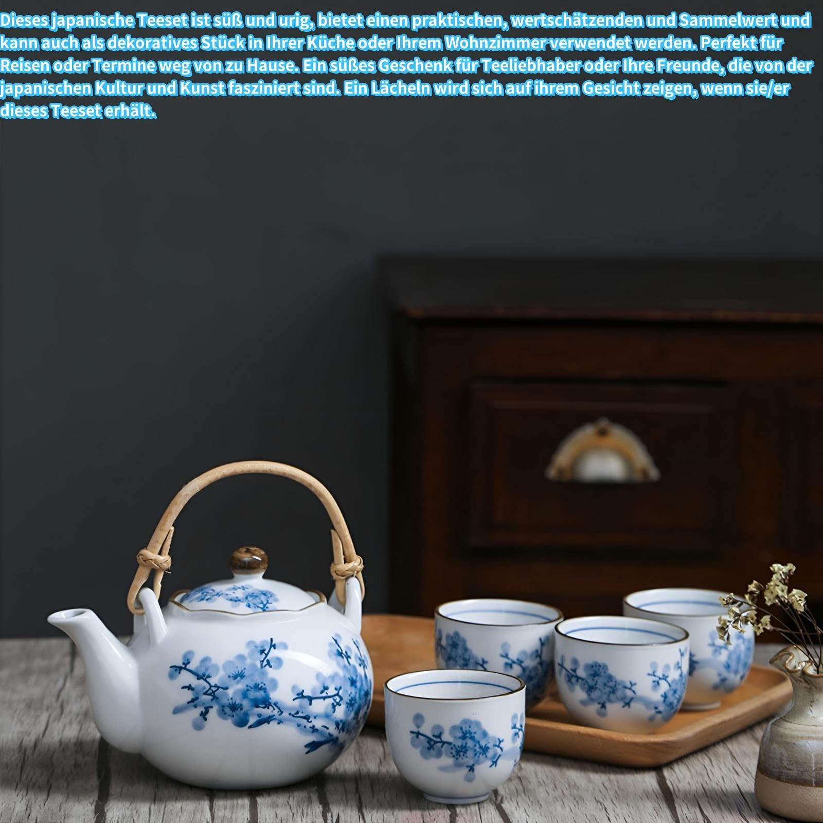 Japanisches Weißem Porzellan-Teeservice Mit Blauem Blumen-Design Teekanne Mit Rattan-Griff Teekannen Set Mit Tasse Teekanne Und 4 Teetassen Japanisches Blau und Weiß Porzellan Tee Set