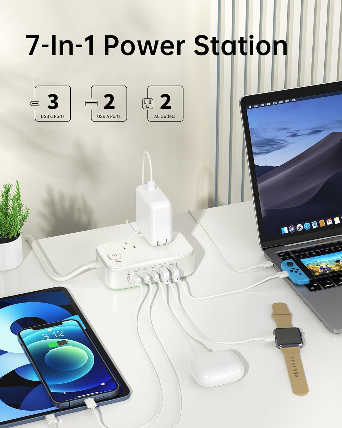 Travel Power Strip, Fast USB Charging Station 65W Max 7-in-1 USB Charger with 2 Outlets 3 USB C & 2 USB A, 5FT Flat Extension Cord for Travel, Home, Office,Dorm,Cruise Essentials (Pearl White)