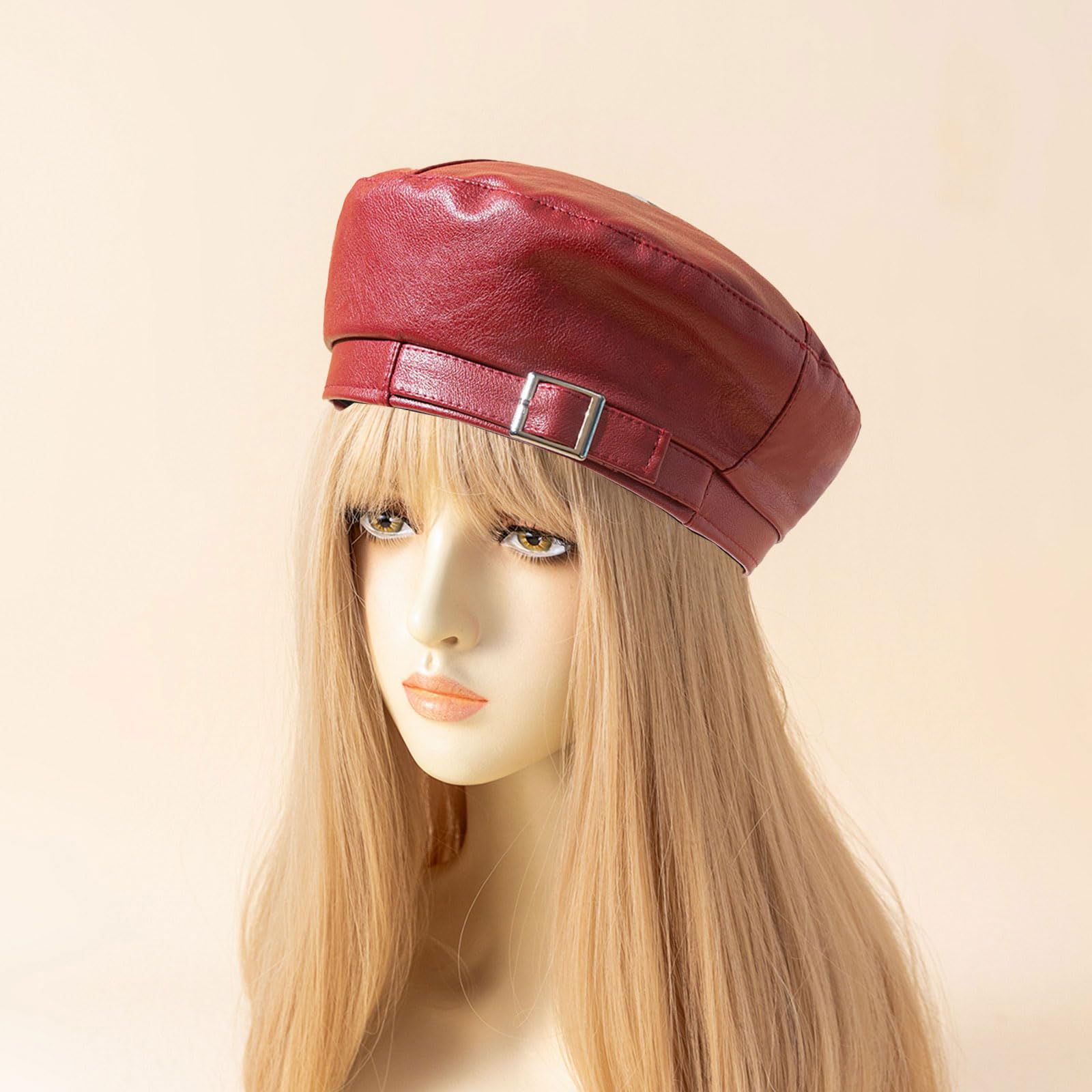 IHAUIUE PU Leather Berets Hats Solid Color French Hat Classic Slouchy Tam Caps for Women, Ladies, Girls, Wine Red 2