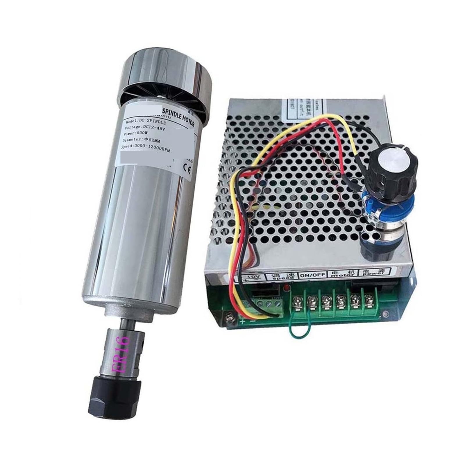 Zestaw silnika wrzeciona CNC chłodzonego powietrzem DC 48 V 0,5 kW z uchwytem ER16, silnikiem 500 W + regulatorem prędkości zasilacza do obróbki drewna(Model C)