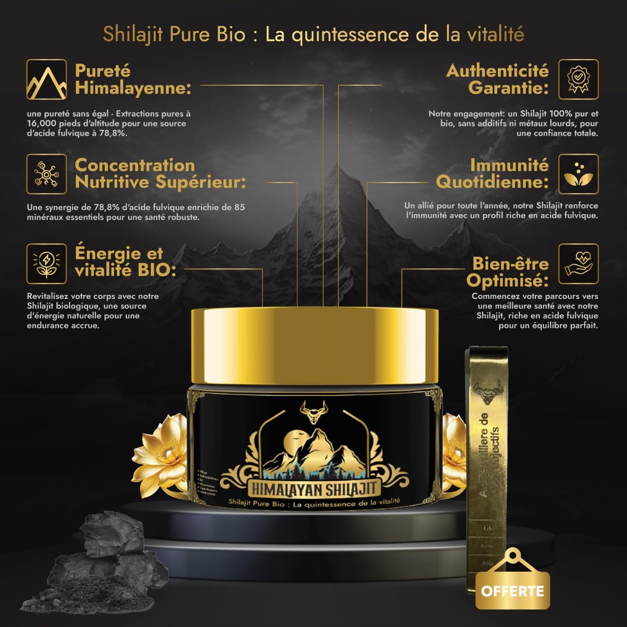 Shilajit | Shilajit Pure | Shilajit d'Himalaya Bio Purifié | Riche En Acide Fulvique, Hautement Concentré | Qualité PREMIUM 100% Pure | Sans OGM | Testé en Laboratoire | Cuillère Graduée Offerte