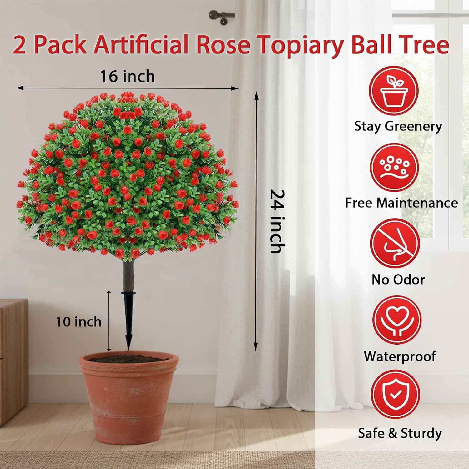 24’’ Artificial Rose Topiary Ball Trees with Ground Spike - Set of 2 Outdoor Boxwood Bushes, Faux Greenery Shurbs for Garden Yard Front Porch Patio Decor