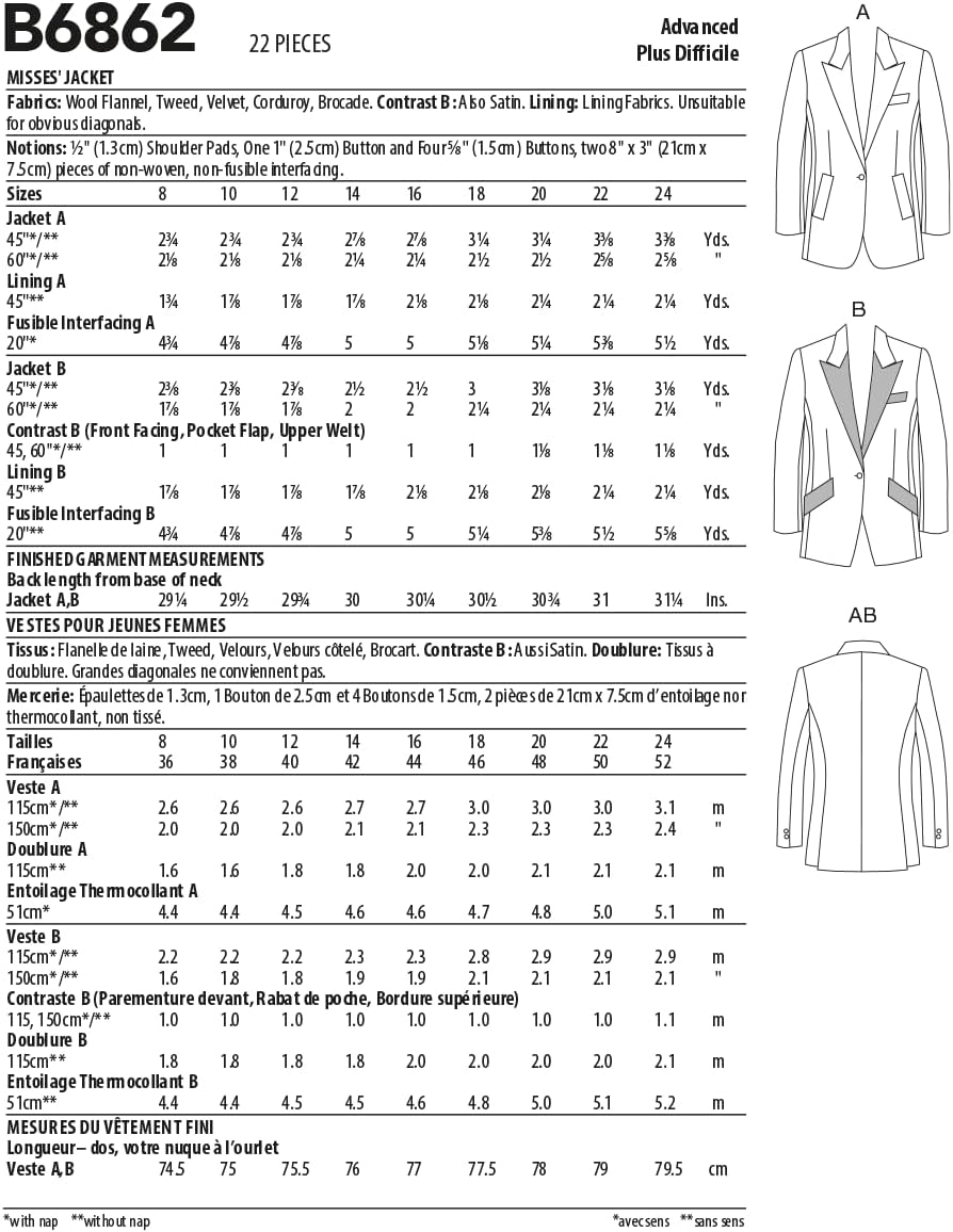 Butterick B6862B5 Misses' Jacket Sewing Pattern Kit, Code B6862, Sizes 8-10-12-14-16