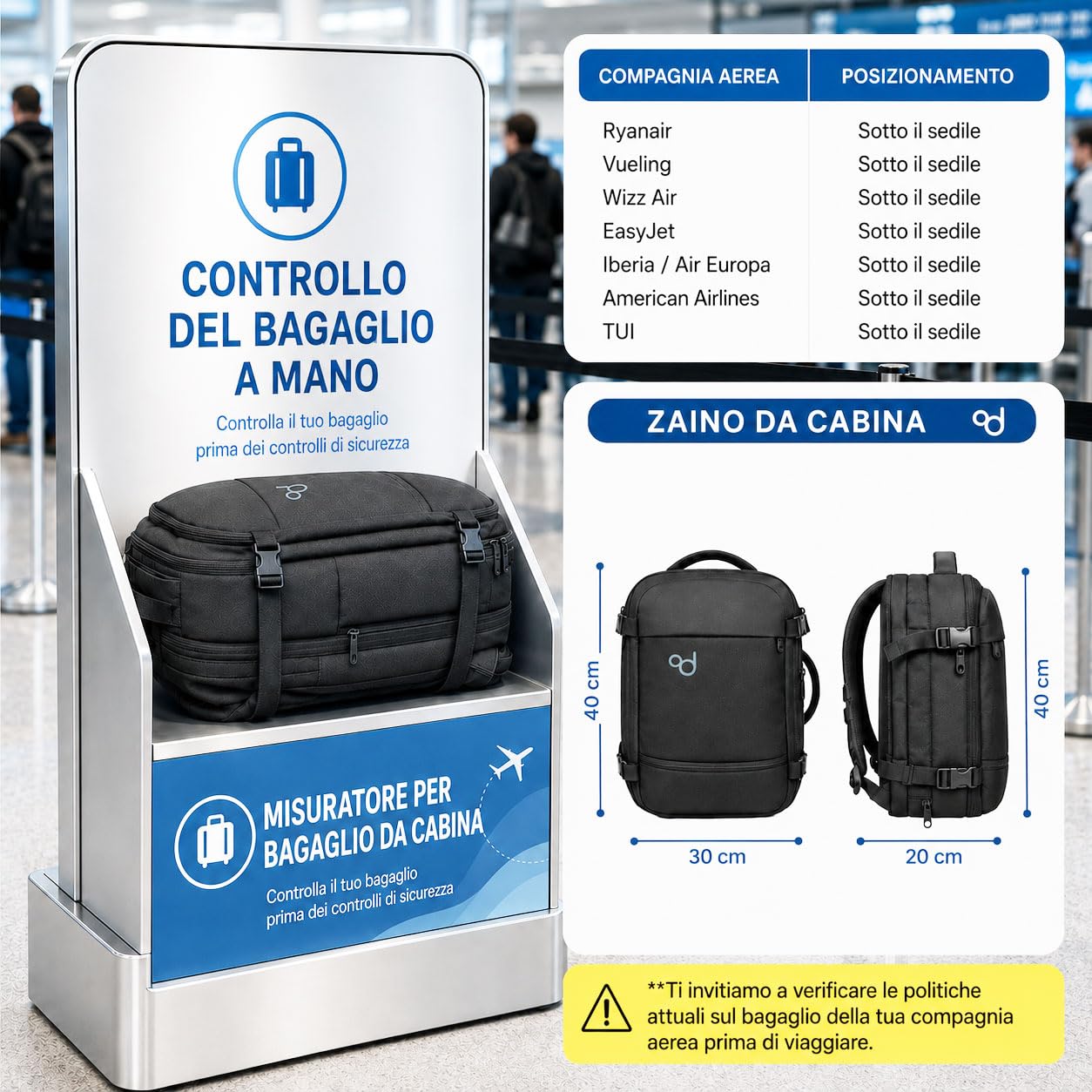 OcioDual Zaino da Viaggio 40x30x20 cm, Bagaglio a Mano Sottosedile, Zaino Cabina con Capienza Regolabile 40x30x17-20 cm, Scomparti Organizzati, Unisex, Nero