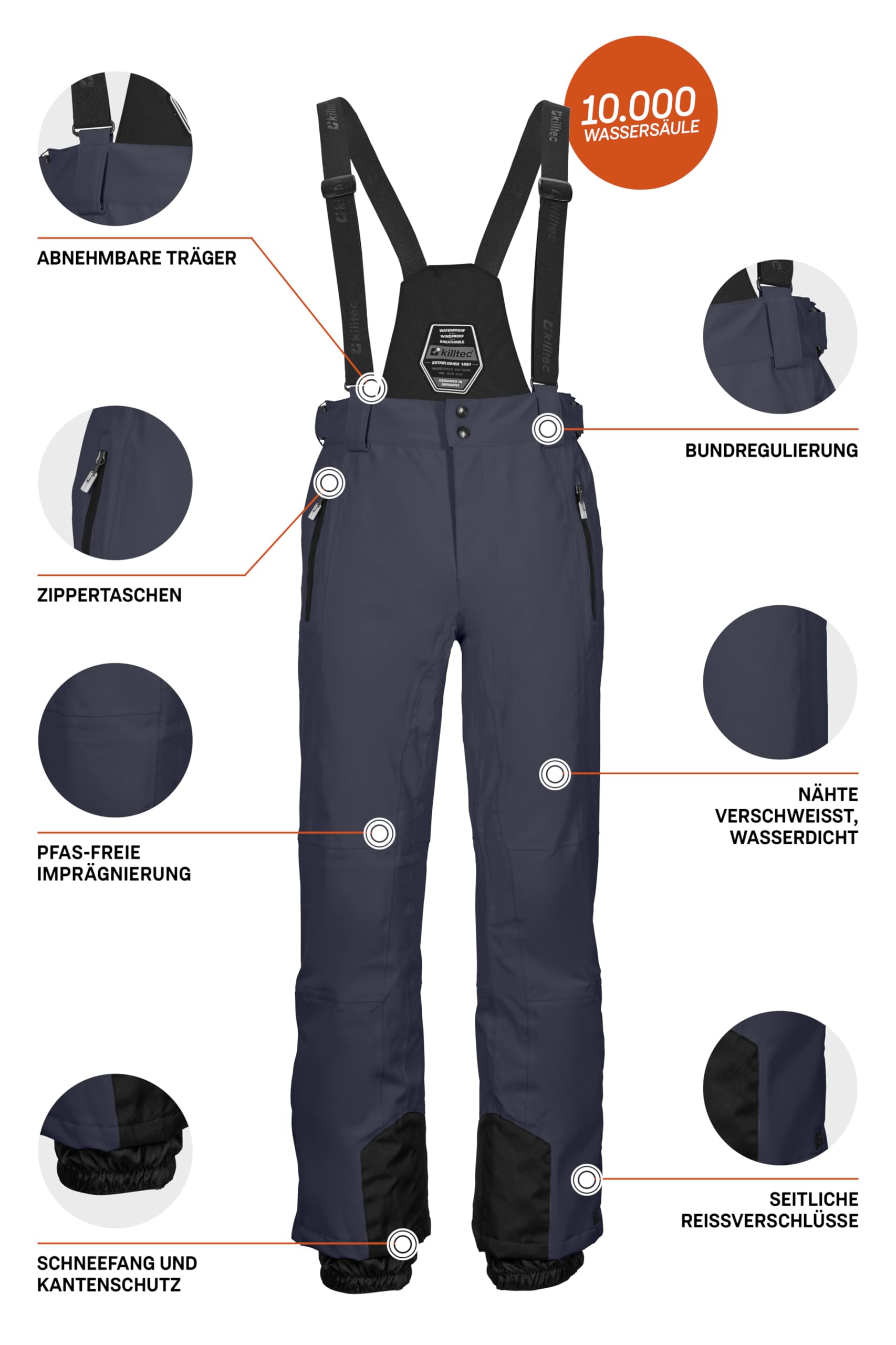 Killtec Ksw 100 Enosh Mn Ski Pnts - Spodnie narciarskie/funkcjonalne z odpinanymi szelkami, ochroną krawędzi i osłoną przeciwśnieżną Mężczyźni