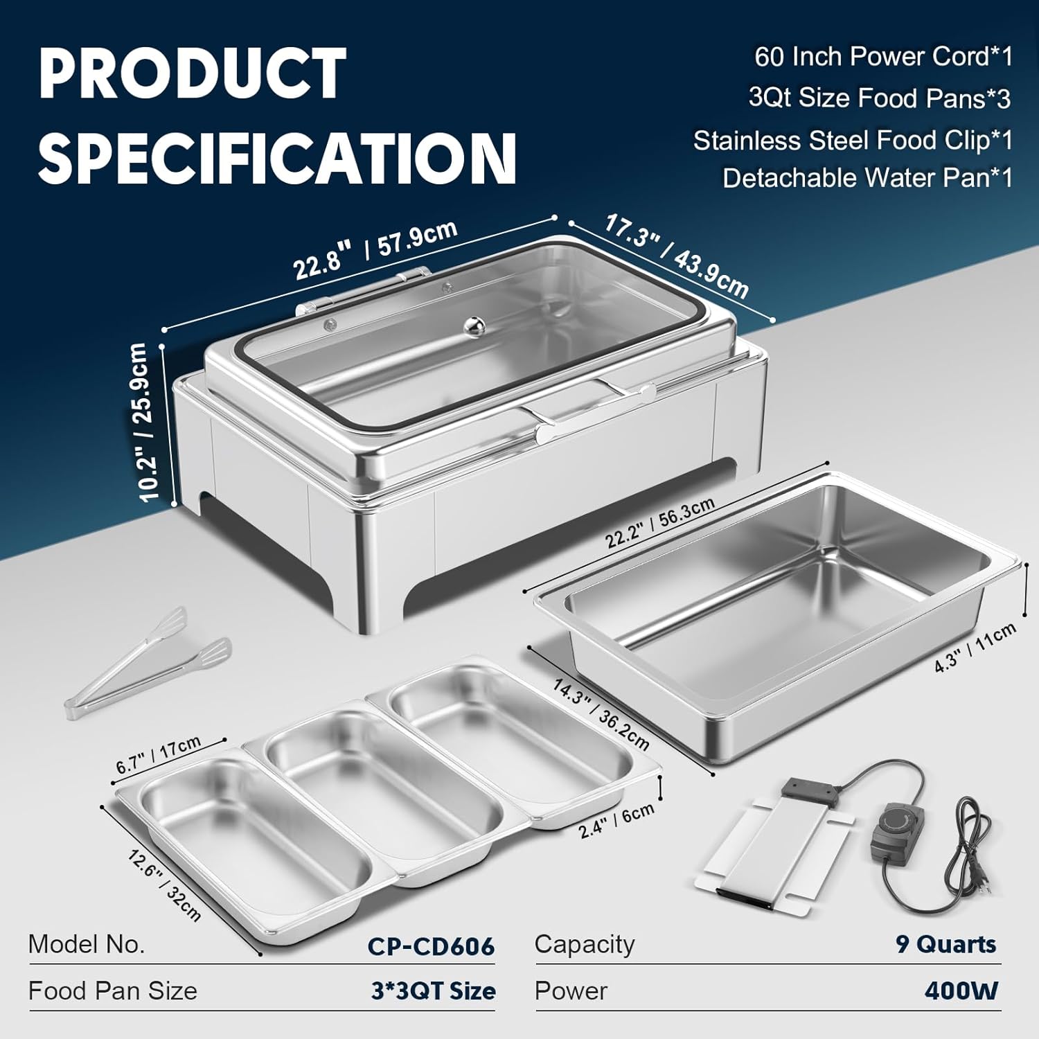 Electric Chafing Dish, 3 x 3QT Electric Food Warmer, Roll Top Stainless Steel Buffet Server with Glass Lids for Catering & Events