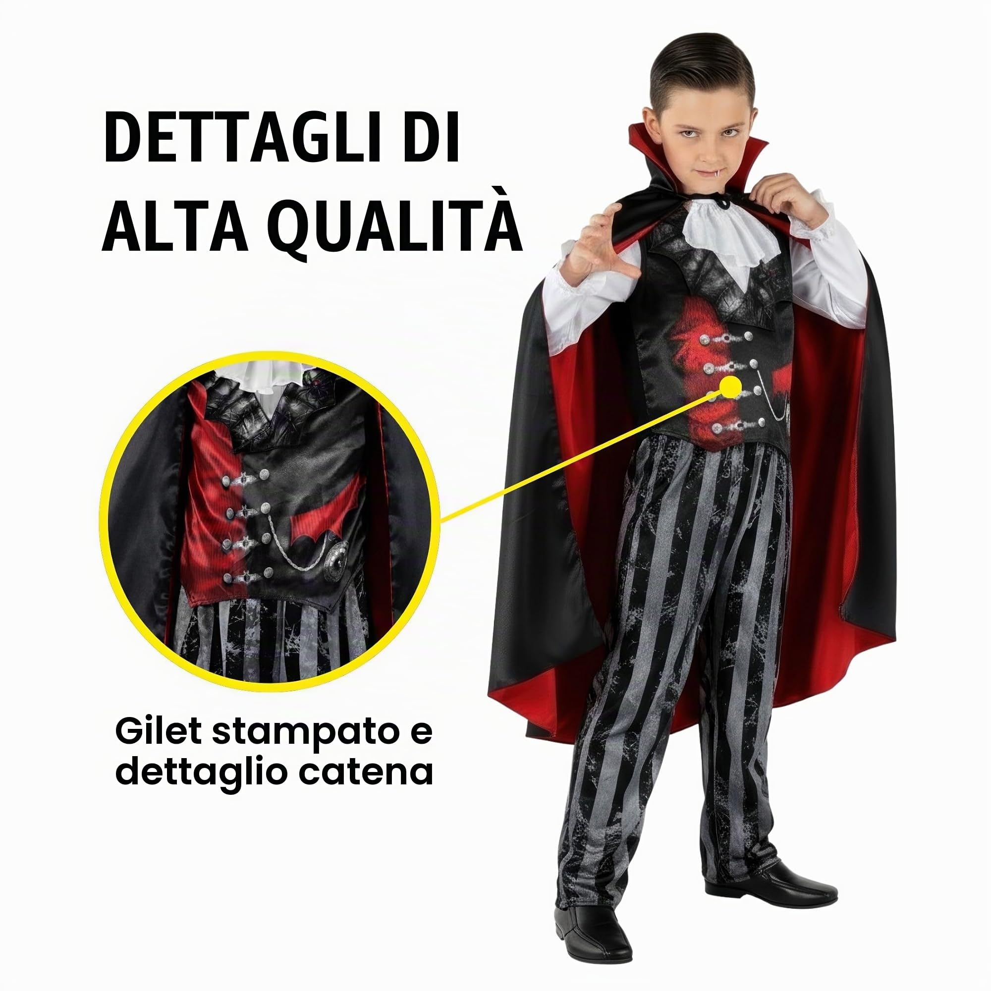 Morph Costume Dracula Bambino, Vampiro Halloween Bambino | Gilet Vintage, Pantaloni a Righe, Mantello & Maschera, Design Vampiro, Perfetto per Halloween, Ideale per il Gioco di Ruolo