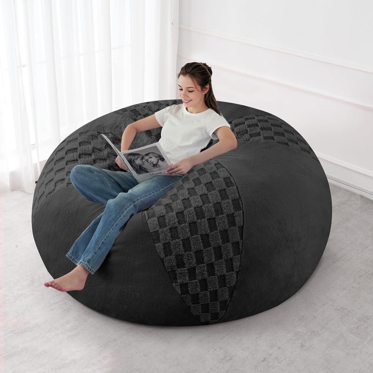 HABUTWAY 5FT Bean Bag Chair Teardrop Beanbag Chair with Memory Foam Filled Soft Checkboard Leaf alongside Plush Bean Bag Sofa with Removable Cover for Living Room,Bedroom-Checkboard Black