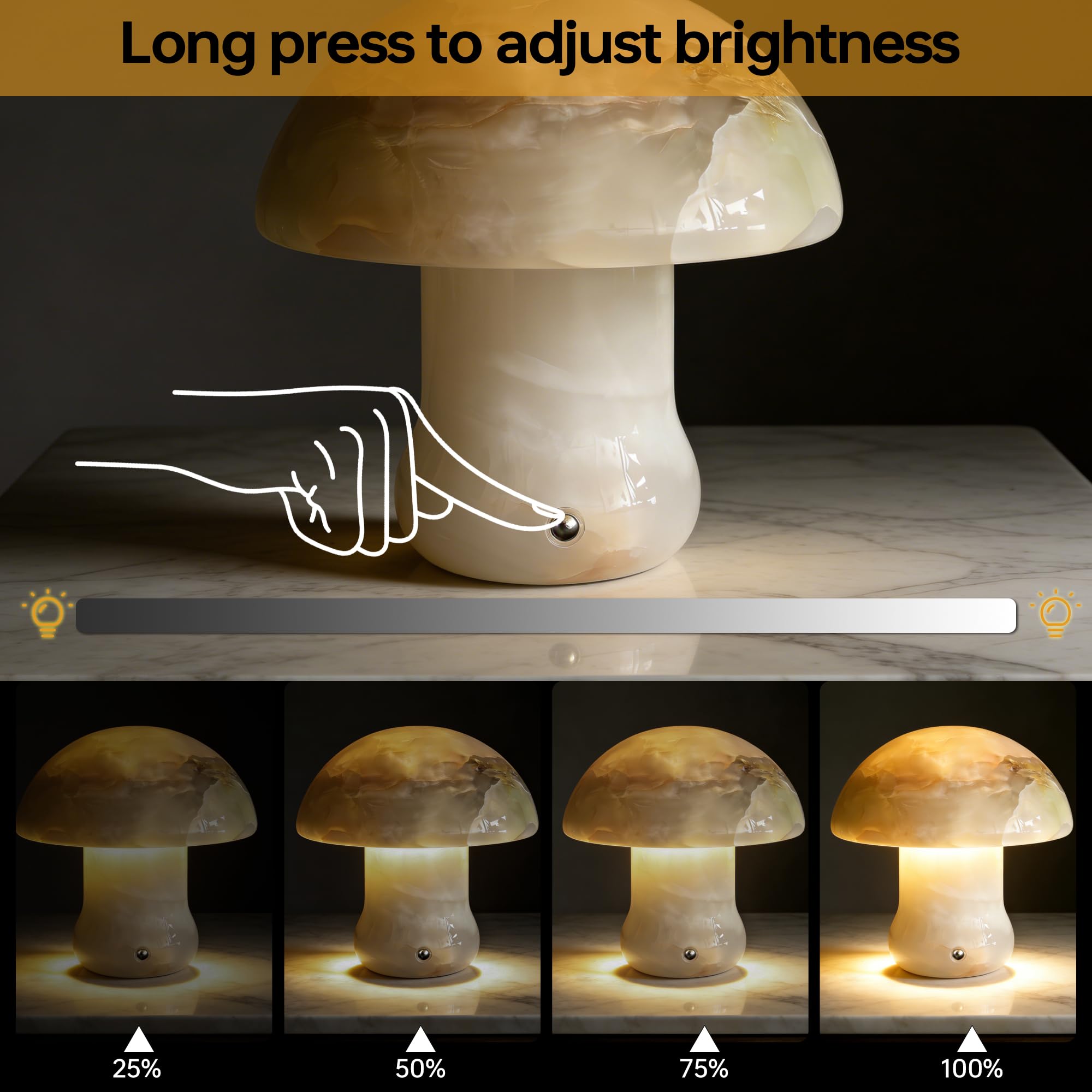 Pilzförmige Lampe aus Naturmarmor, kabelloses Nachtlicht in Pilzform, drei Farbtemperaturen, einstellbare Helligkeit, geeignet für Wohnzimmer, Schlafzimmer und Büro