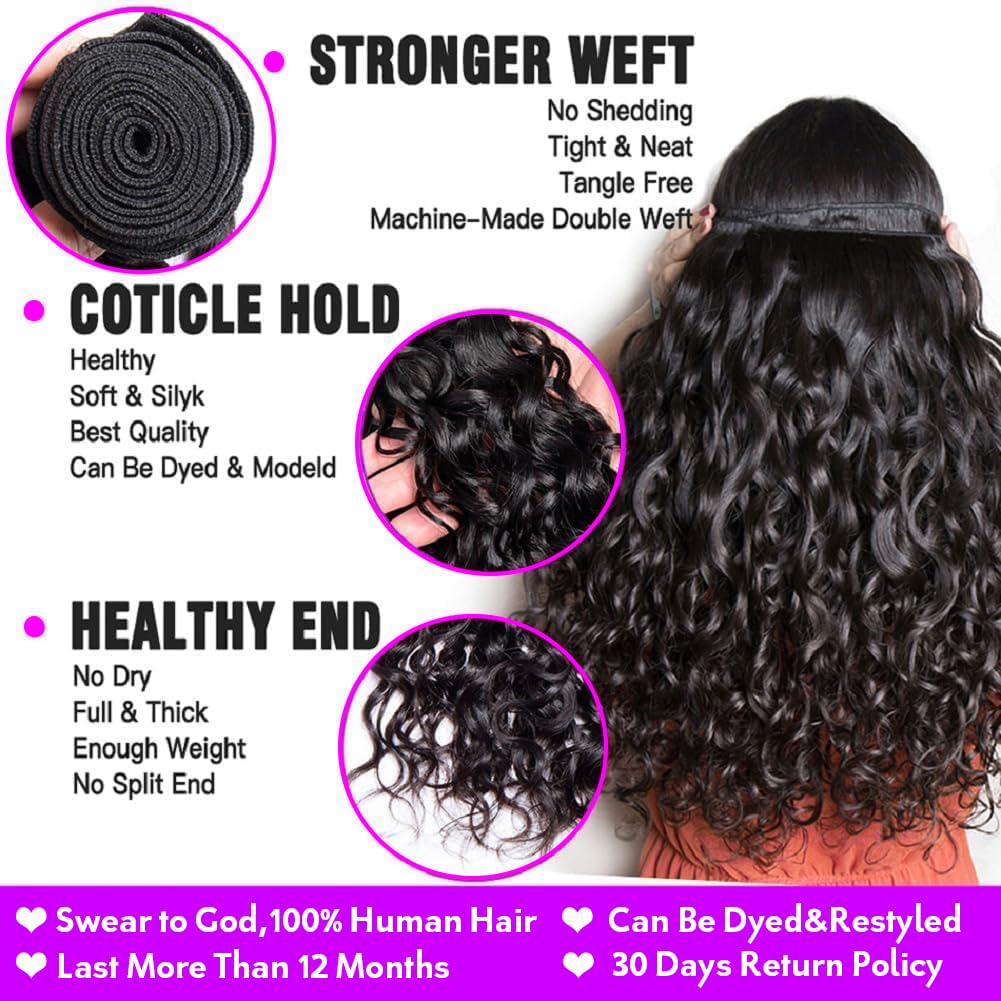 Tissage Bresilien en lot Tissage Cheveux Humain Vierge Hair 3 Bundles Tissage Bresilien Boucle Mèches Brésilien 100% Water Wave Human Hair Naturelle Couleur (12 14 16 pouces /300g)