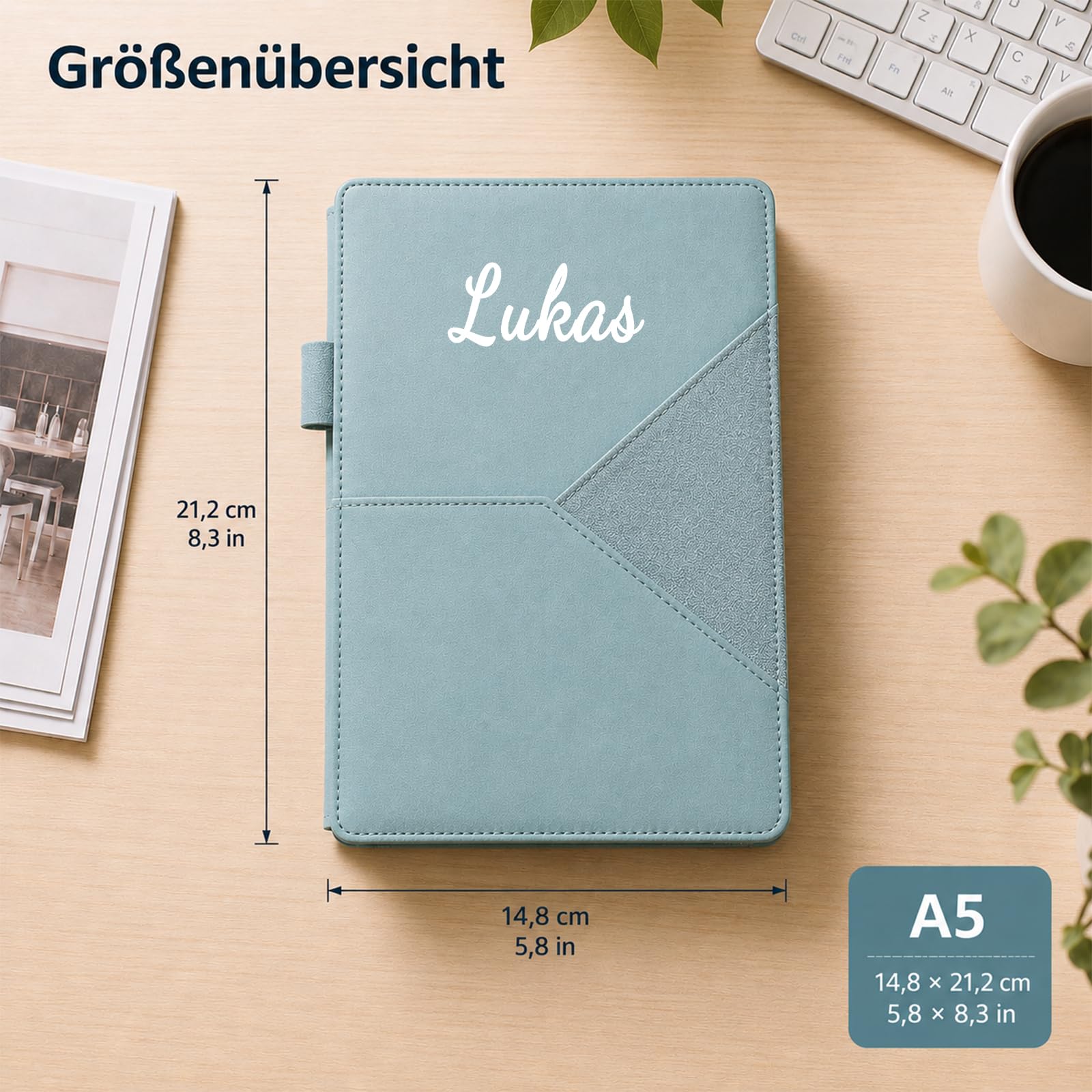 10 Stück Notizbuch Personalisiert mit Namen Journal Buch B5 | Linierte Seiten | Wasserabweisender PU-Einband | Fronttasche für Stifthalter & Karten | 200 Seiten | Büro & Uni