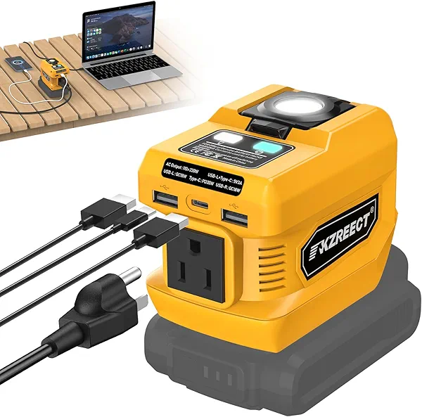 Kzreect 220W Portable Power Inverter Compatible with Dewalt 18V/20V Battery, Converts DC 18V to AC 110V with AC Outlet, USB-C PD, Dual USB-A & 400 Lumen LED – Outdoor, Camping & Emergency Use