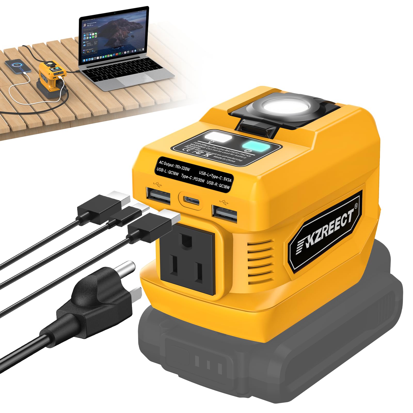 Kzreect 220W Power Inverter Compatible with DeWalt 20V/18V Batteries (Battery Not Included), DC to 110V AC Converter with 1 AC Outlet, USB-C, Dual USB-A & 400LM LED – Outdoor, Camping, Emergency Use