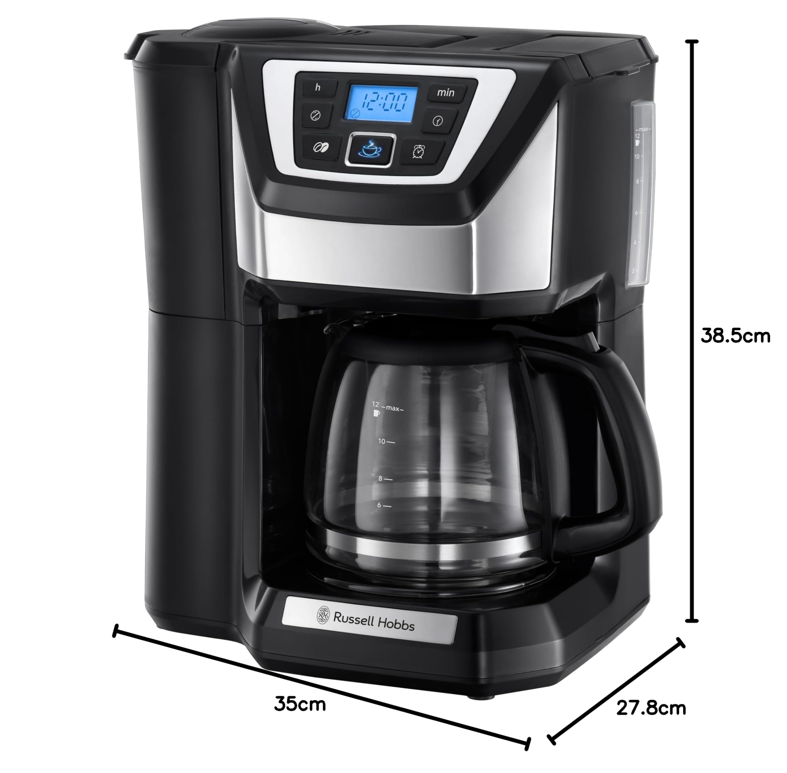 Russell Hobbs Cafetière à Grain [Programmable,Technologie WhirlTech pour extraction & arôme optimaux] Chester (max 12 tasses, verseuse en verre 1,5L, réglage de moulure) Machine à café 22000-56