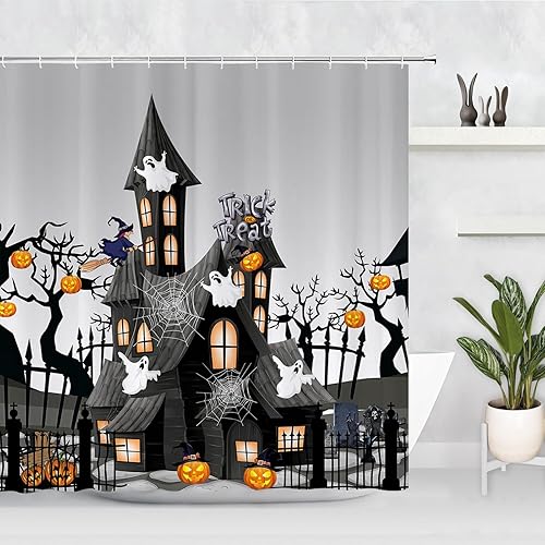 Miniatura 5 de ARESD Cortina de ducha de Halloween para baño, cortina de baño de tela de araña, tela de poliéster, impermeable, decoración de Halloween, con 12