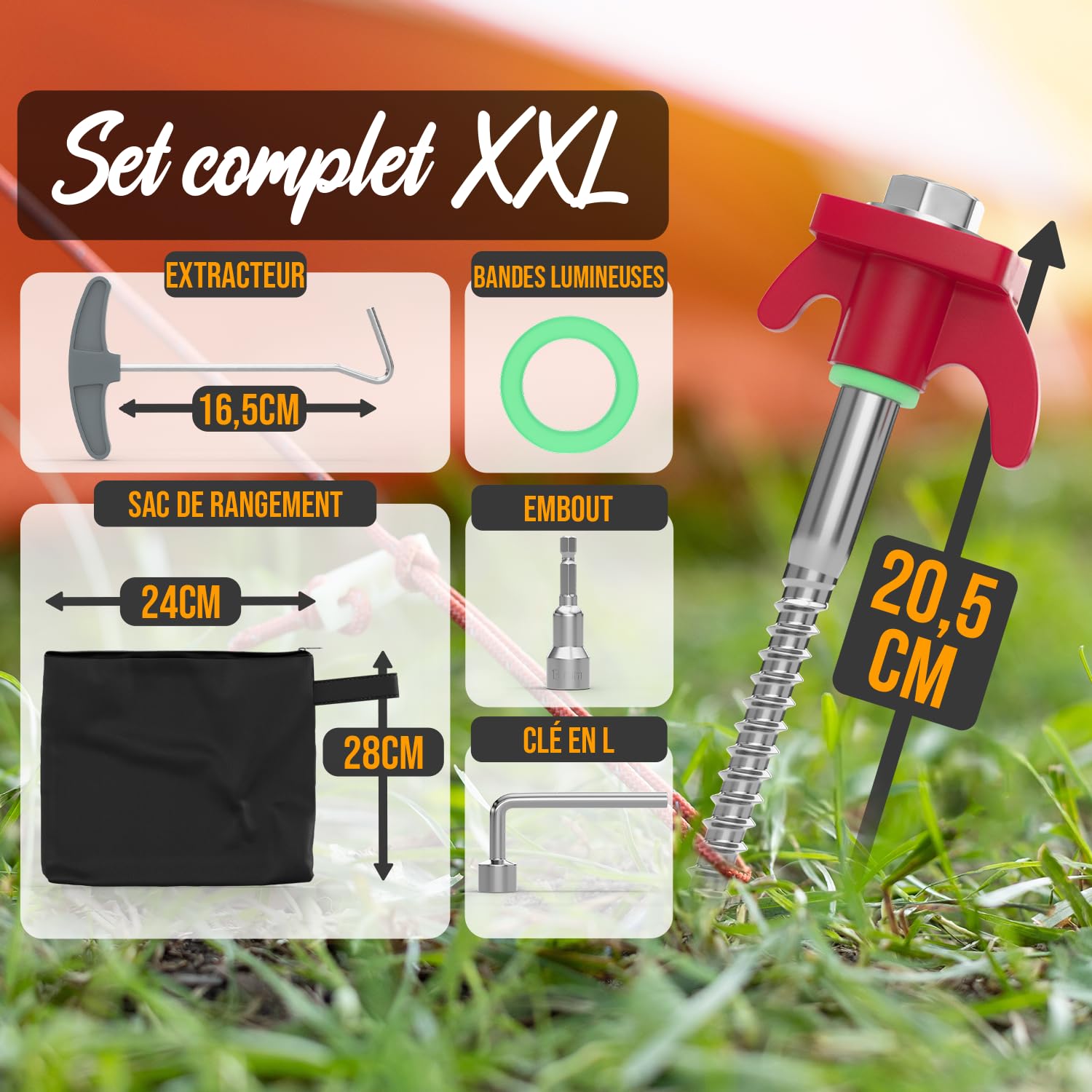 Set XXL Piquet de Tente a Visser I 24 Piquets de Tente inoxydables Anneaux I 2 Outils de vissage Sac et extracteur adaptés aux sols durs pour Camping I Sardine Tente I Sardine Camping