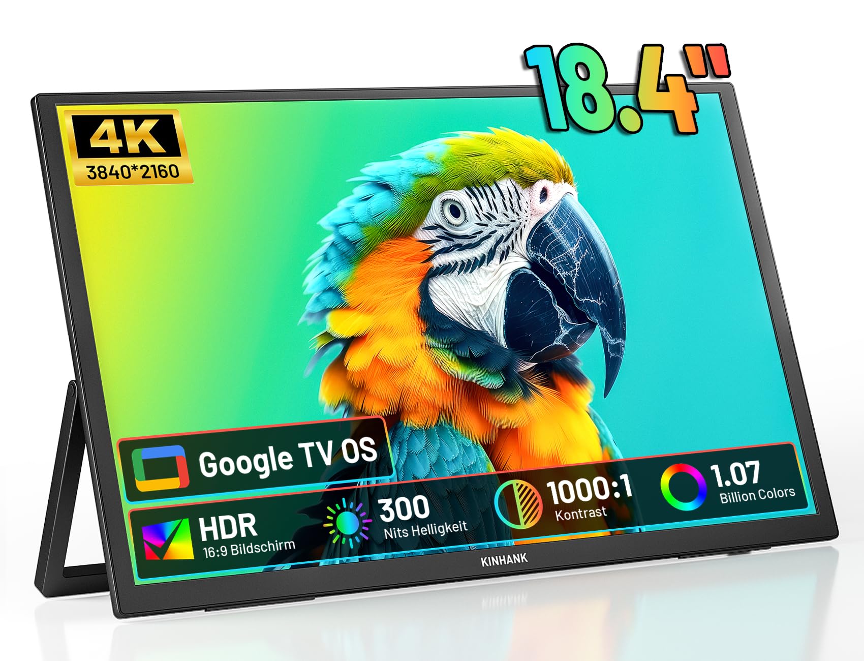 Monitor Przenośny 4K 18,4 cala z Google TV, UHD 3840 * 2160, HDR, 85% NTSC, IPS, mobilny zewnętrzny monitor dla Mac laptopa PC Xbox PS5 telefonu USB C/HDMI, kompatybilny z VESA, wbudowana podstawka