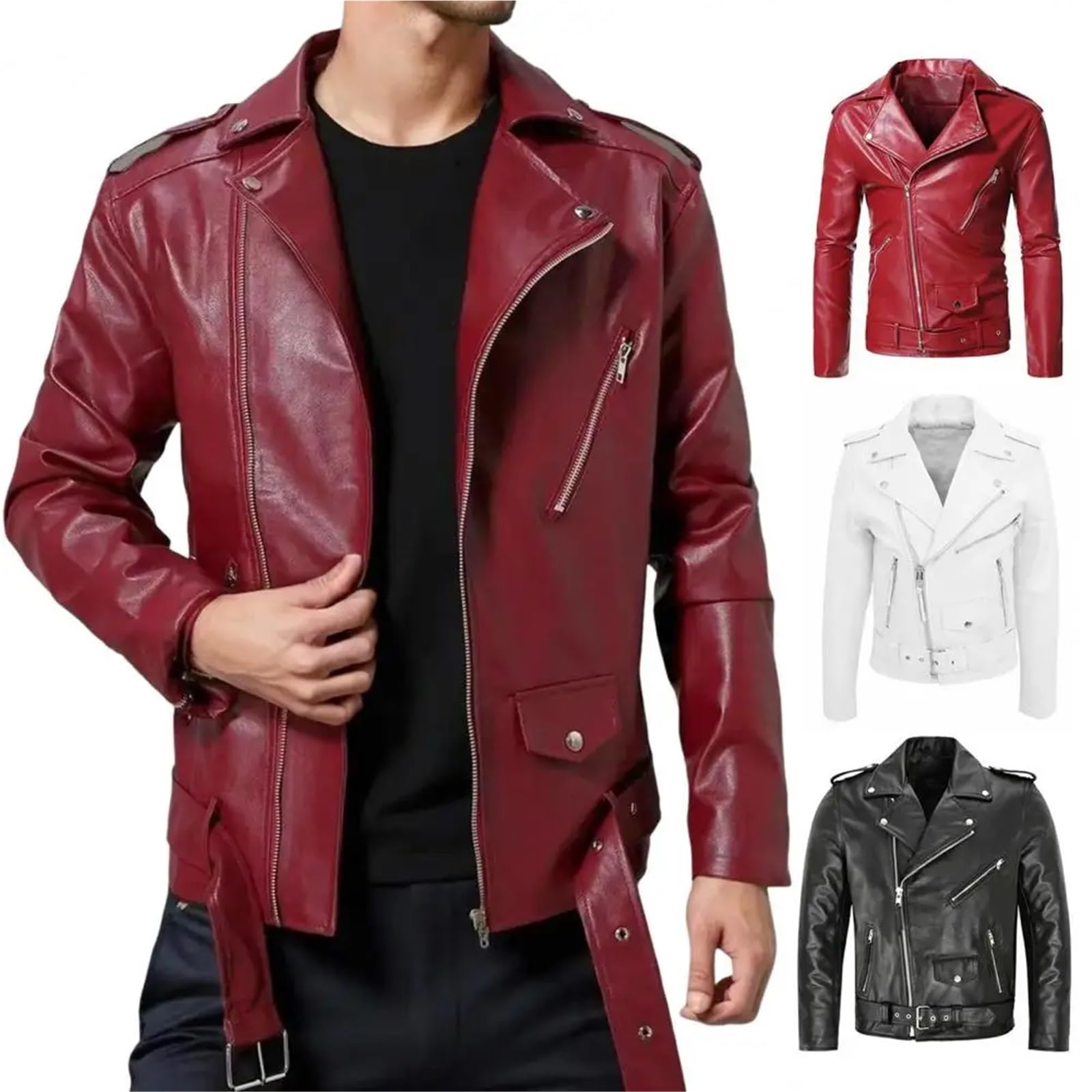 Chaqueta Cuero Mujer Chaqueta de piel sintética for hombre, estilo moderno, corte entallado, con cremallera diagonal y ajuste cinturón Para salir