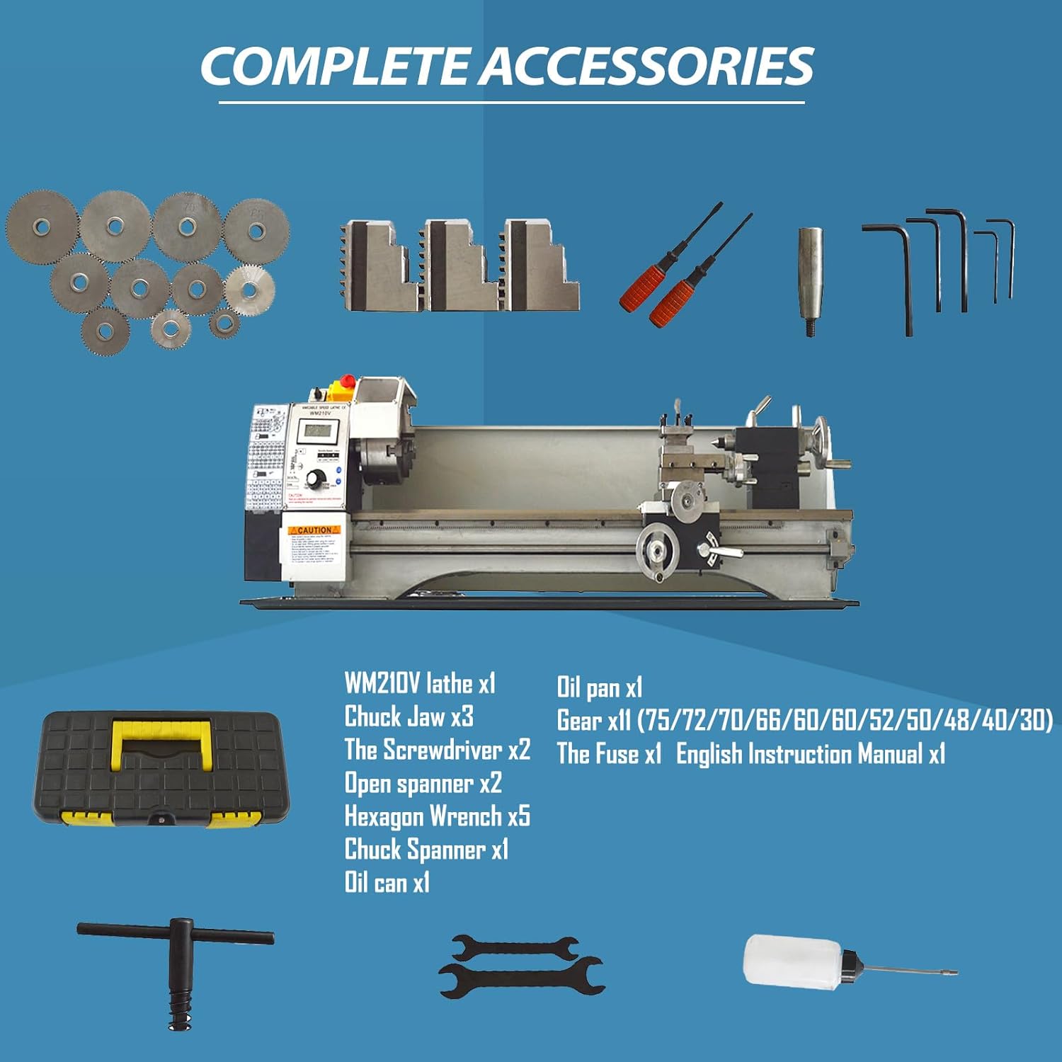 8"x24" Precision Metal MINI Bench Lathe Spindle taper MT5 Benchtop Lathe Bench 1100W DIY Brushless Motor Variable Speed Mini Lathe WM210V 110V