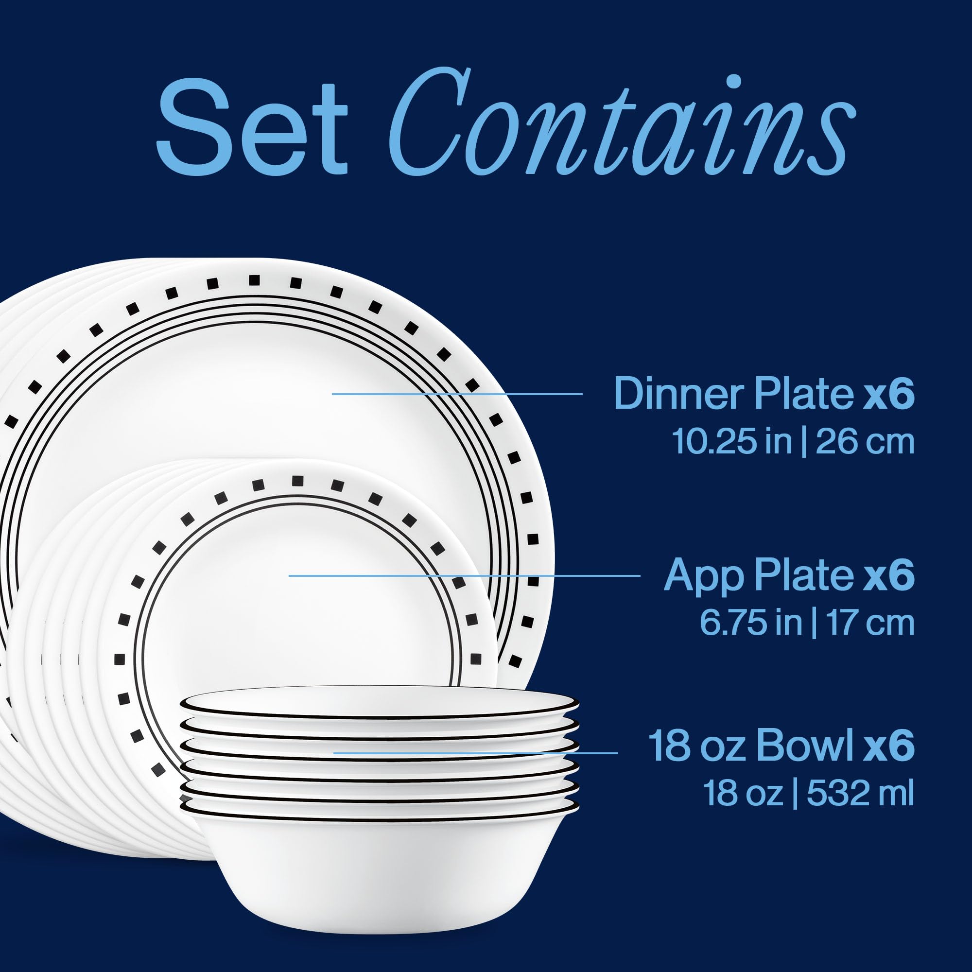 Corelle Juego de vajilla de 18 piezas, bloque de ciudad, servicio en blanco y negro para 6, vajilla resistente a las astillas, incluye platos llanos de 26 cm, platos de ensalada de 17 cm y cuencos de