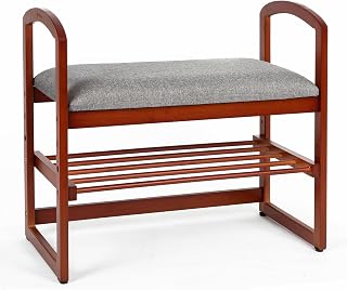 StrongTek Bamboo Shoe Bench, Storage Bench with Armrests & Cushion, Compact Entryway Bench for Seniors, Small Shoe Rack for Living Room, Bedroom, Hallway
