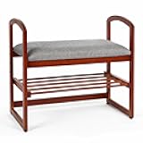 StrongTek Bamboo Shoe Bench, Storage Bench with Armrests & Cushion, Compact Entryway Bench for Seniors, Small Shoe Rack for Living Room, Bedroom, Hallway