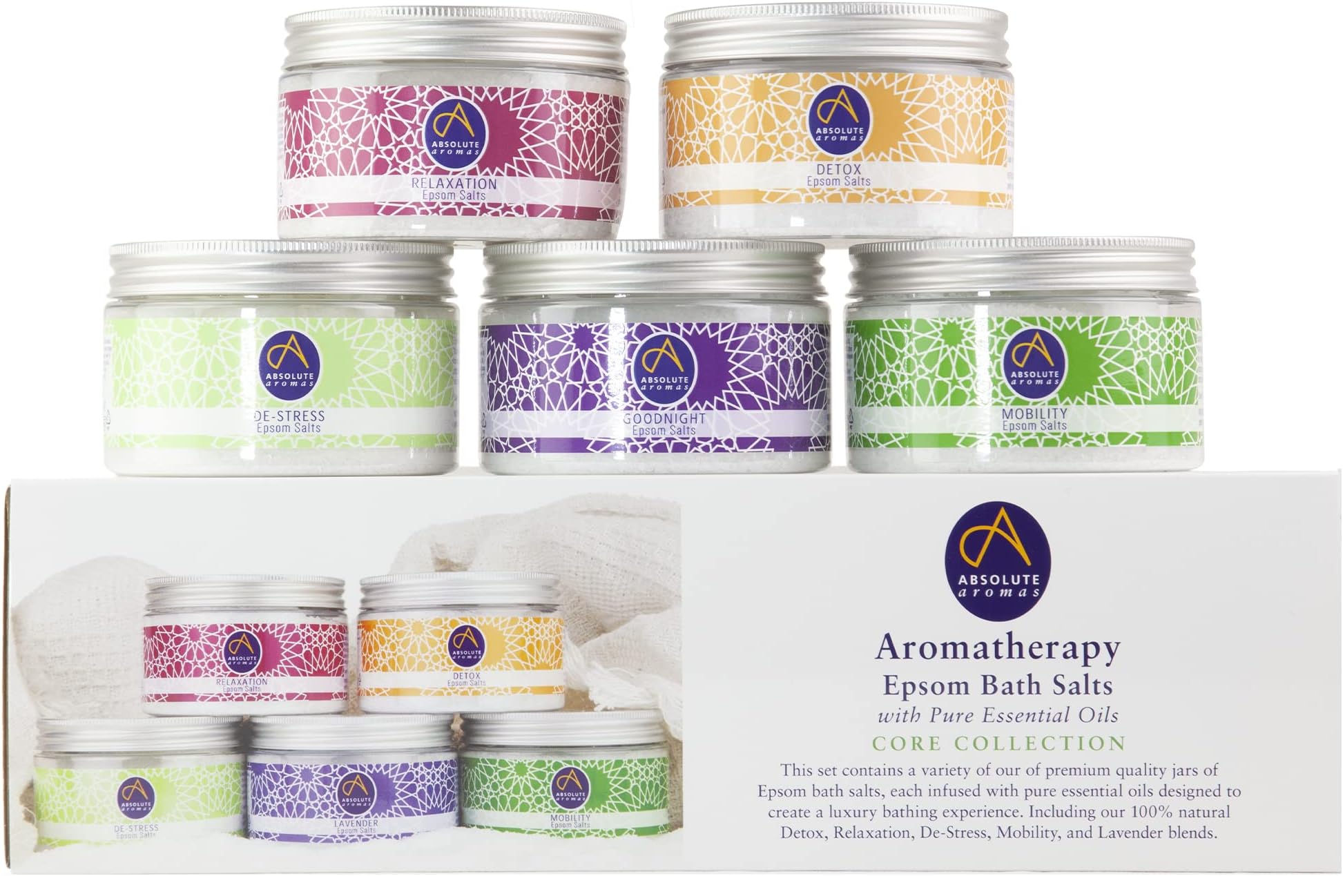 Absolute Aromas Epsom Bath Salts Bundle Gift Set – 5 x 300g of De-Stress, Detox, Lavender, Mobility and Relaxation Bath Salts - Magnesium Sulphate Infused with 100% Pure Essential Oils