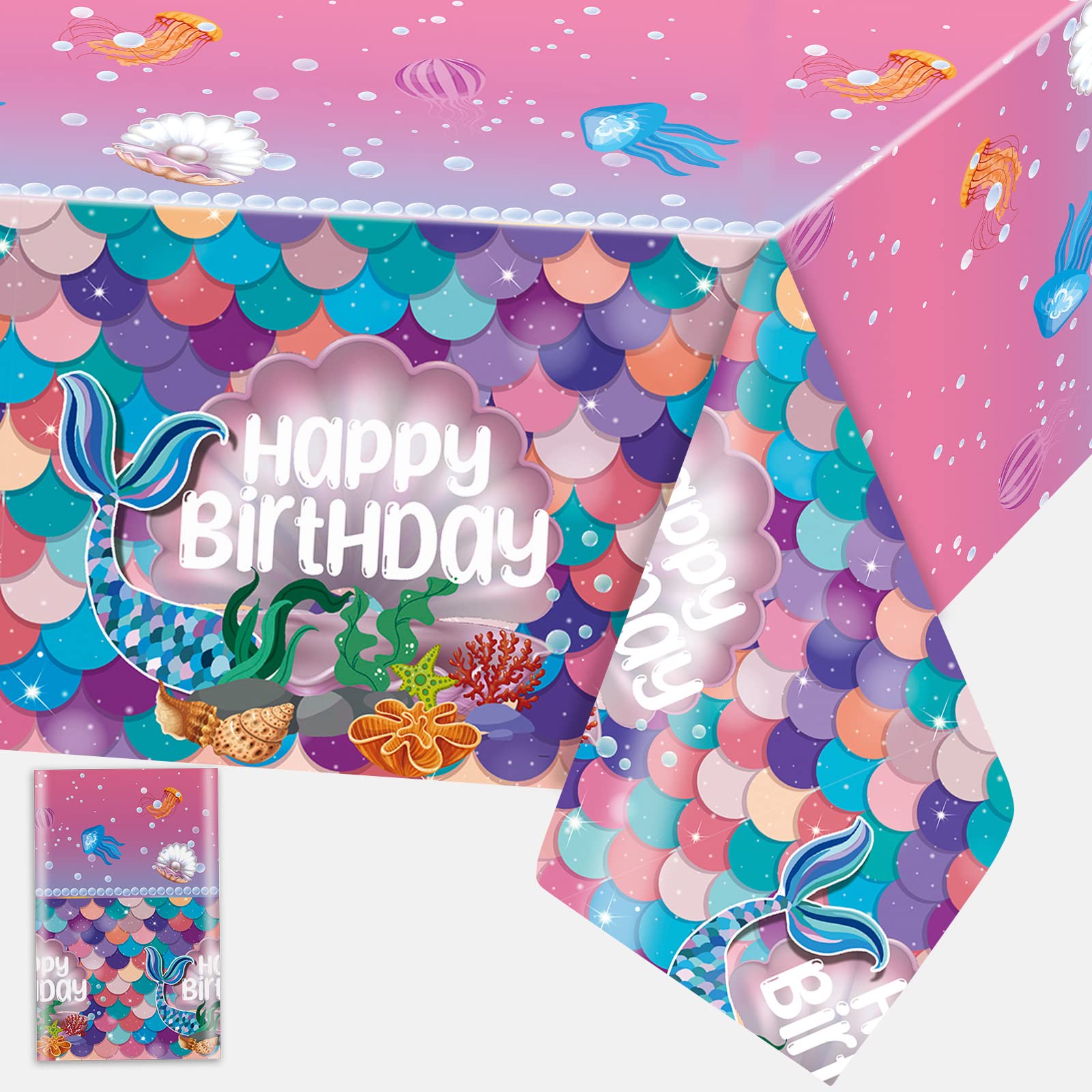 Mermaid Tablecloths Disposable Plastic Mermaid Happy Birthday Decorations Table Cloth with Shell Jellyfish Scales 108*54 Inch Thin Waterproof Table Cover Decor for Girls Underwater Baby Shower Party