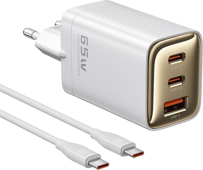 toocki Ładowarka USB C 65W z 3 portami GaN i 1M kablem do ładowania, kompaktowa ładowarka do MacBook Pro/Air, Dell XPS, iPhone 16/15/14/13, iPad Pro, Galaxy S24/S23, Pixel 8 (Biały)