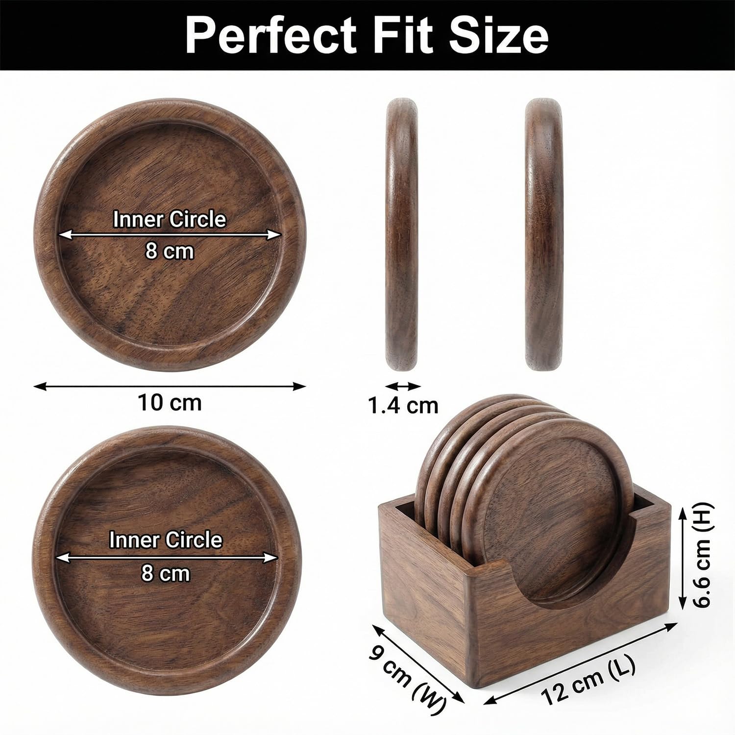 Posavasos de Madera de Nogal, Set de 6, 10 cm, Soporte Incluido para Vasos de Whisky, Copa y Tazas