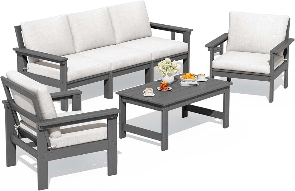 SERWALL HDPE Outdoor Patio Furniture Set Outdoor Couch | All Weather Outdoor Sectional with Coffee Table, Gray Frame &amp; Beige Cushions Global Recycled Standard OEKO-TEX STANDARD 100