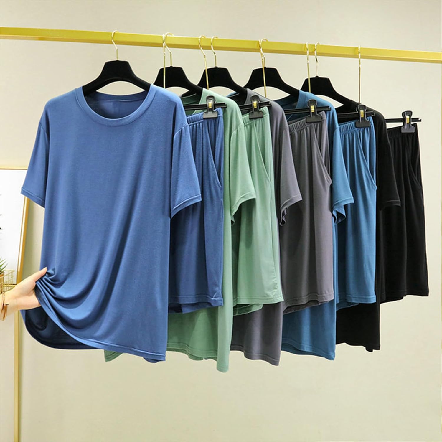 2-Piece Mens Crew Neck Shorts Pajama Sets Summer Short Sleeve Shorts Pjs Set with Henley Top Lounge Set 4XL-6XL
