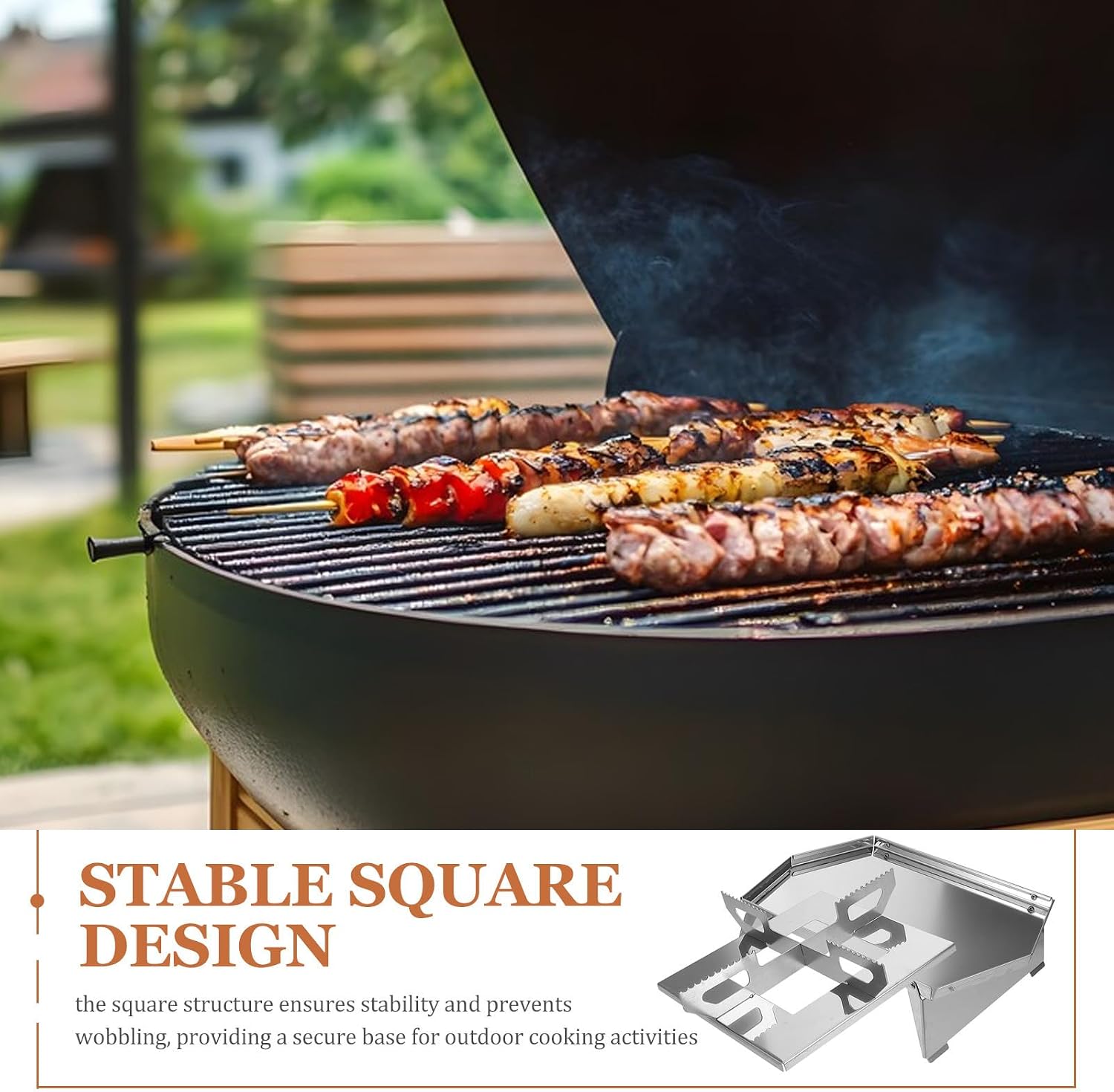 Portable Stainless Steel Square Camping Grill with Elevated Base and Stable Structure, Outdoor Folding Charcoal Grill for Picnic and Hiking