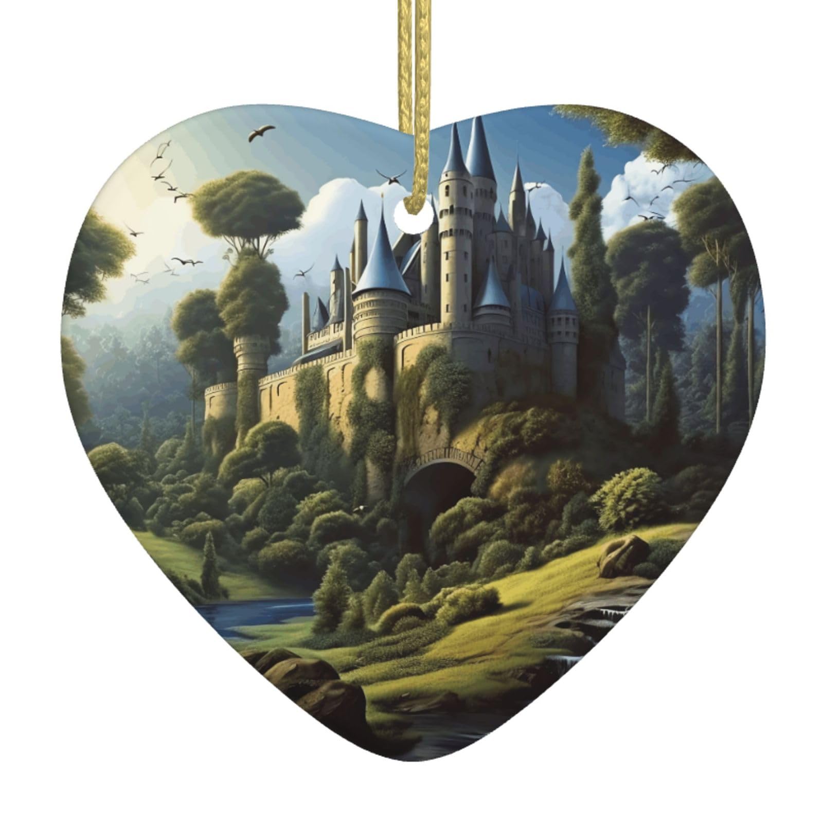 Ceramic Christmas Tree Hanging Ornaments with Gold Ropes Christmas Tree Decorations Heart Ceramic Woods and Castle Pendant Keepsake Decorations for Holiday Xmas Gift Ideas